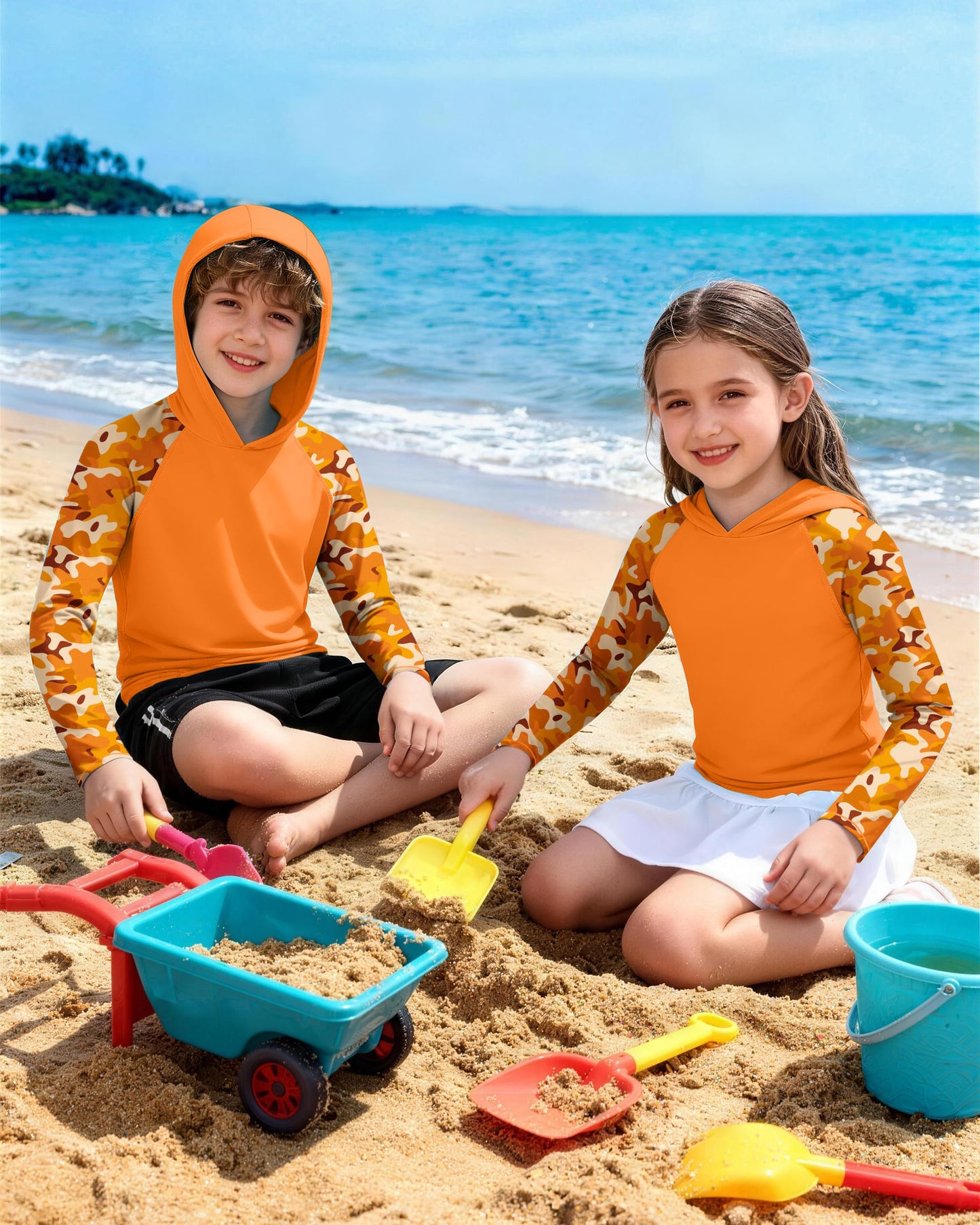 DRONIRING Boys Rash Guard Swim Hoodie, UPF 50+ UV Sun Protection Long Sleeve Fishing Shirt, Kids Youth SPF Water Shirts Bright Orange