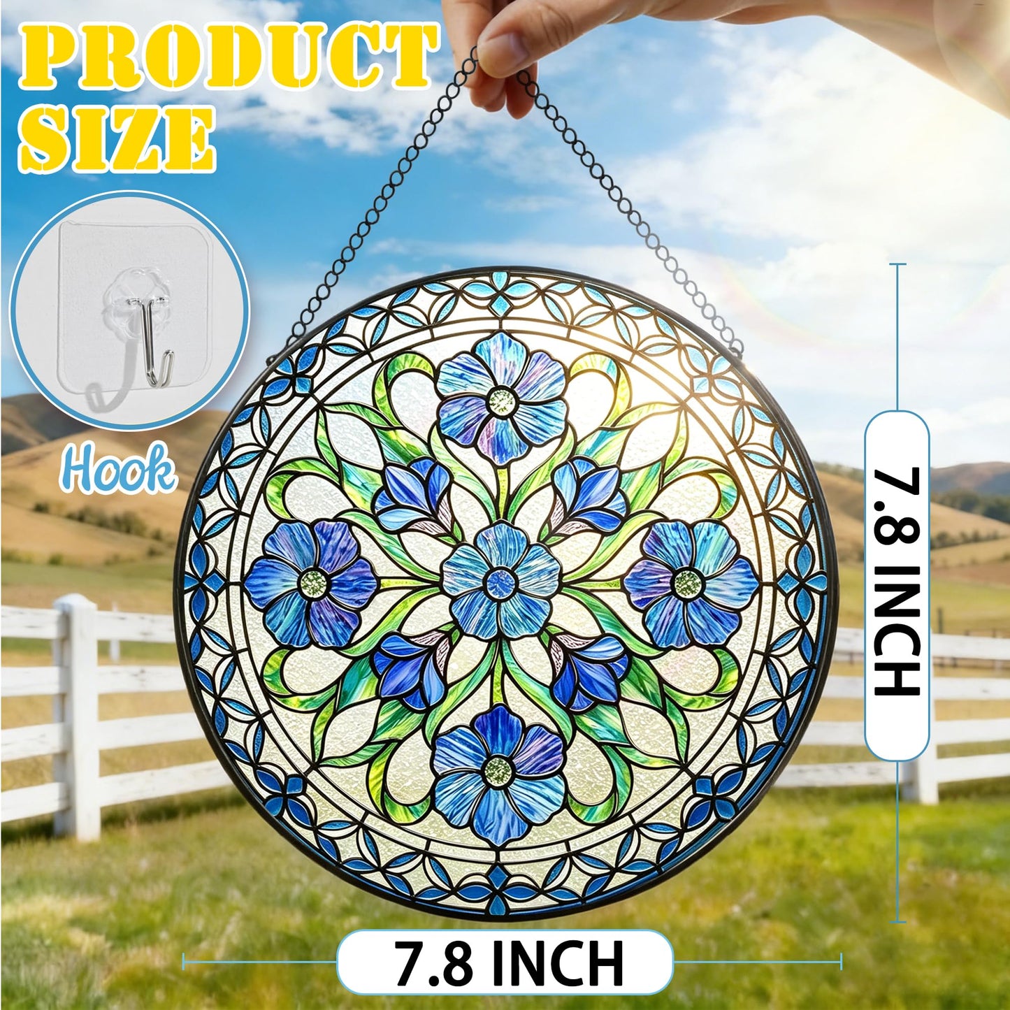 Stained Glass Window Hanging, 7.8 Inch Blue Flower Stained Glass Suncatcher Ornament, Botanical Window Hanging - Mother’s Day, Birthday, Christmas & Housewarming Gift for Mom, Grandma, Sister & Friend