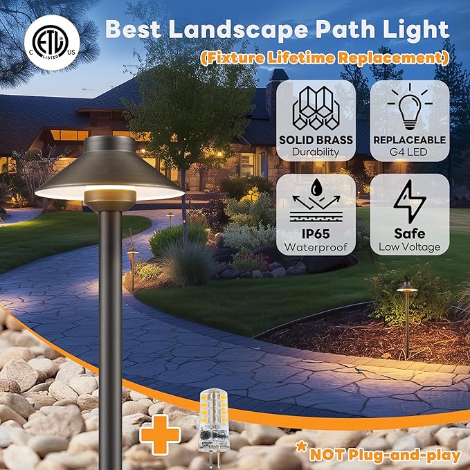 Gardenreet Brass Landscape Path Lights - 12V Low Voltage Pathway Light IP65 Waterproof, Outdoor Walkway Lighting Wired, Hat Bronze for Patio Lawn with 3W 4000K Neutral White G4 Bulb (10 Pack)