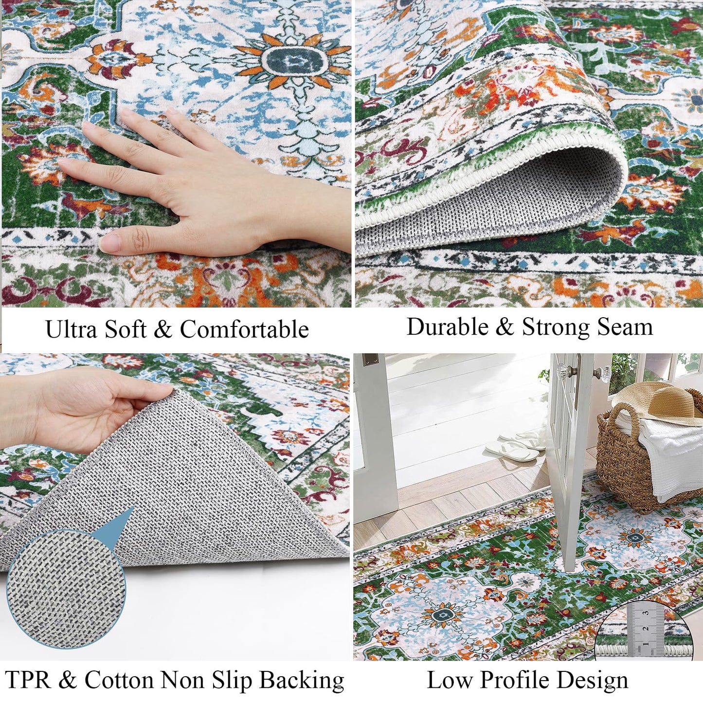 U'Artlines 2' x 14' Long Boho Hallway Runner Rug, Non Slip Washable Vintage Farmhouse Accent Area Rug Carpet for Kitchen Entryway Laundry and Living Room Green