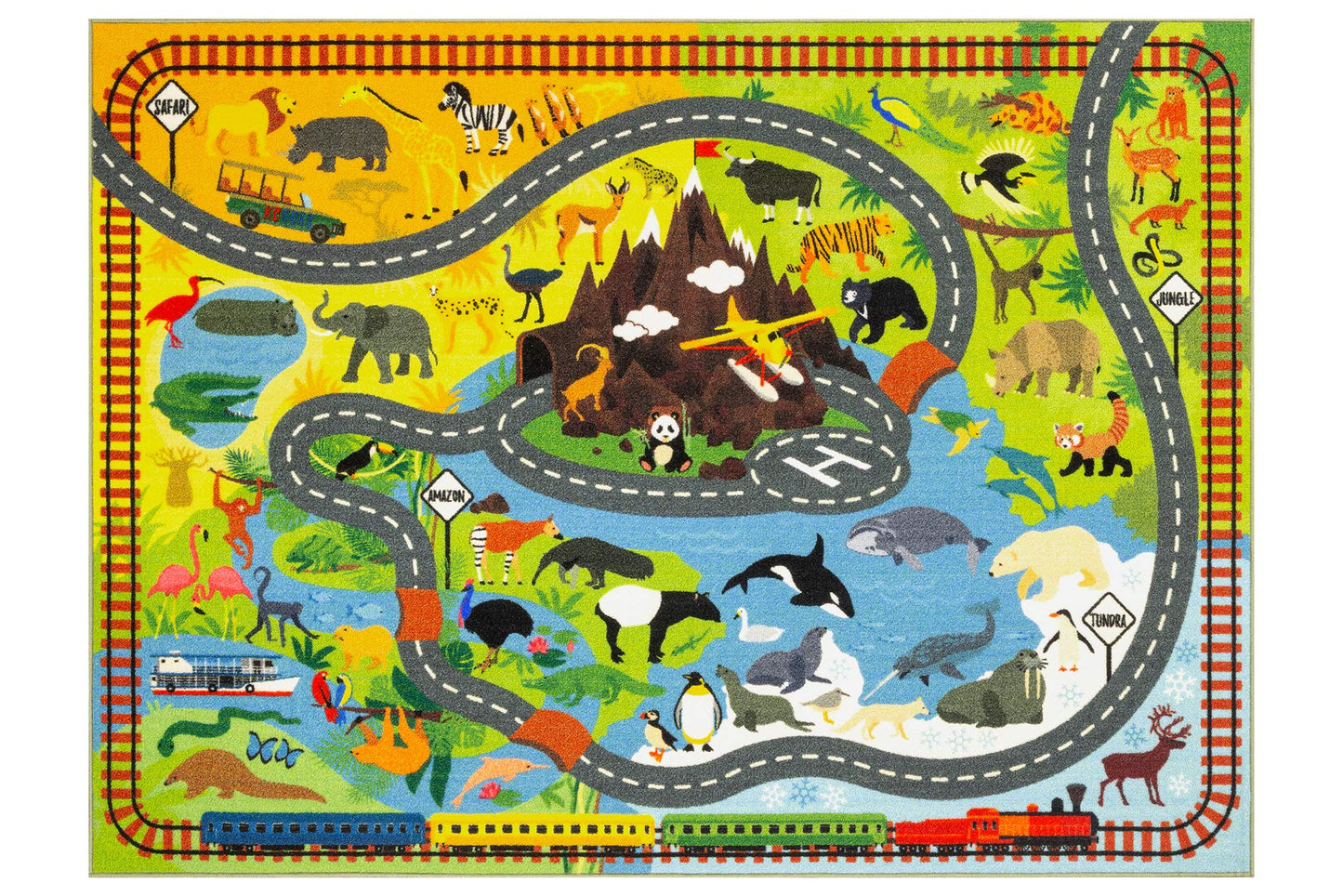 KC Cubs: Educational Rug: Animal Safari Road Map - 8x10' Playmat -Interactive Toy Car Route, Activity Area Carpet, Bedroom-Classroom, Baby-Toddler-Kid