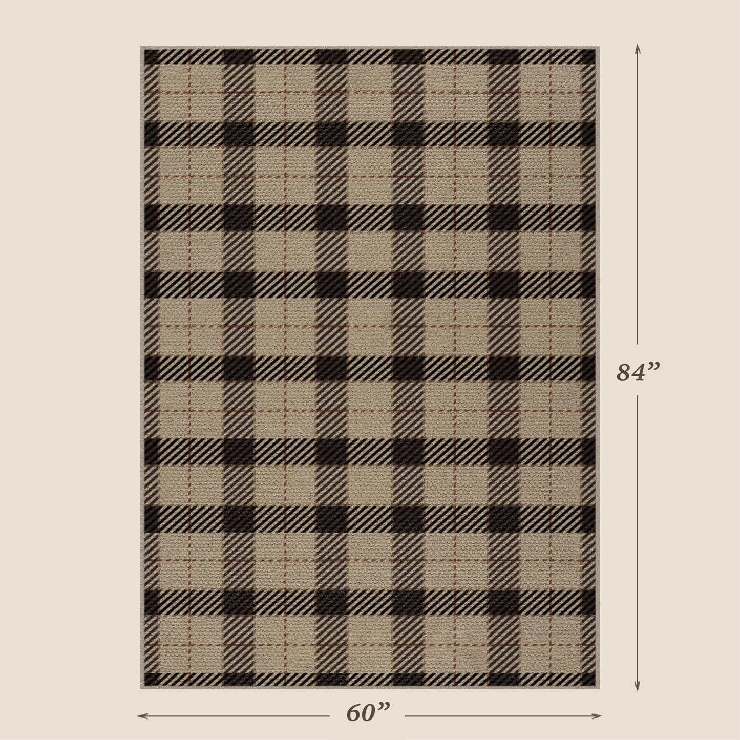 Easy Jute Farmhouse Area Rug 5x7, Washable Indoor Outdoor Plaid Rug, Black and Tan Rustic Woven Non Slip Carpet for Living Room, Entryway, Patio, Bedroom, Under Bed