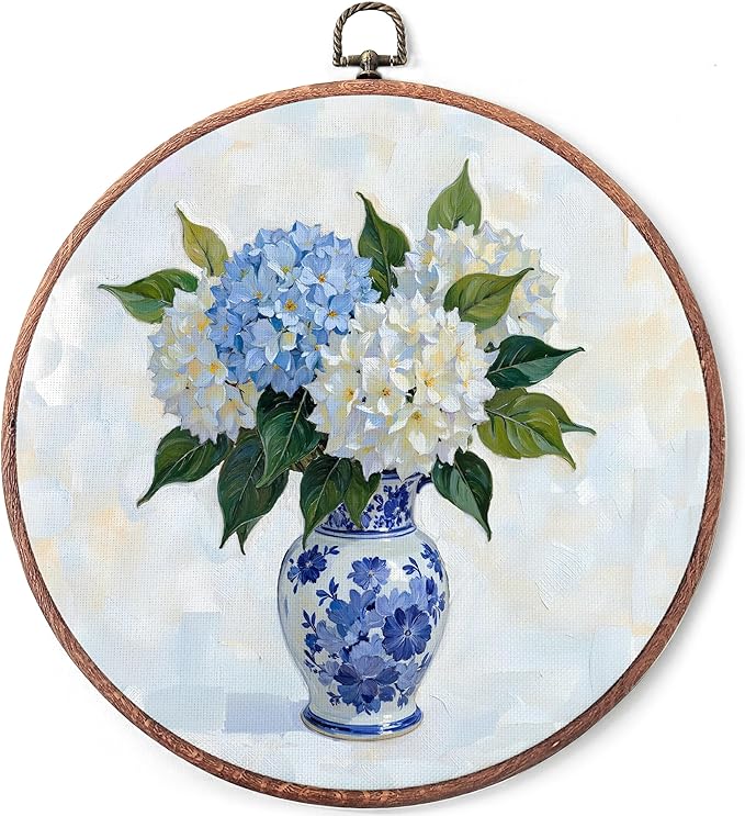Threegoat Chinoiserie Spring Floral Framed Round Wall Art,Blue and White Hydrangea Flowers Wall Art Decor for Bedroom,Vintage Wall Hanging Decor for Grand Millenial Grandmillennial Home - A05