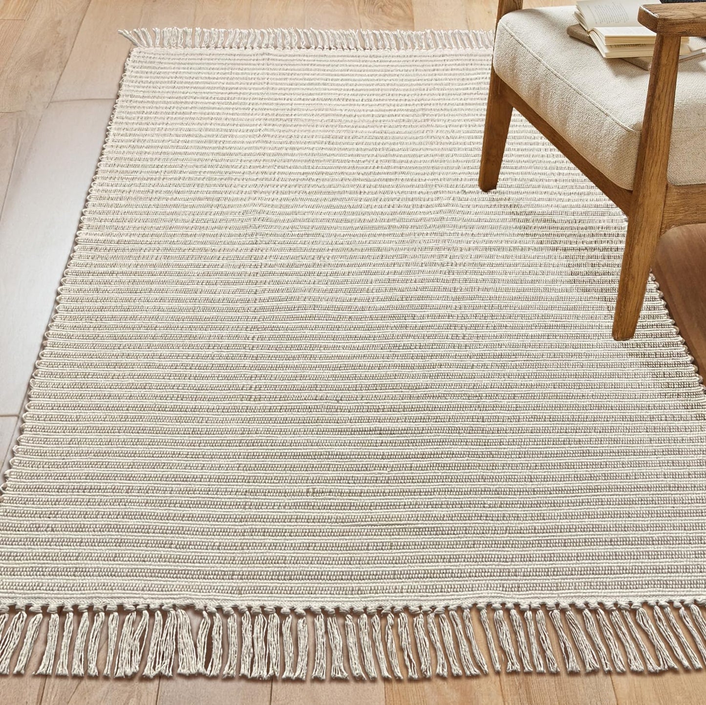 Chardin home Beige & Ivory Providence Area Rug 3x5 feet |Hand Woven Farmhouse Rug with Hand Knotted Fringes | Great in Kitchens bathrooms Living Rooms Bedroom Study | Reversible Cotton Rug