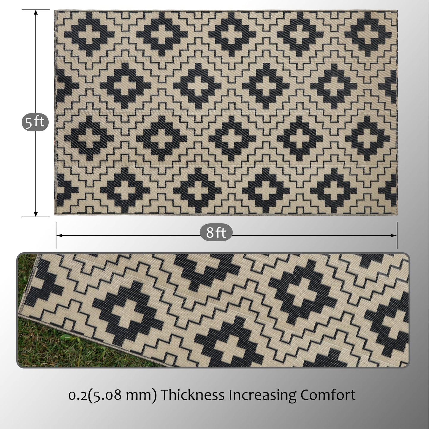 SAND MINE Waterproof Outdoor Rug 5x8 ft, Reversible Plastic Straw Area Rug, Large Floor Mat for Patio, Backyard, Deck, RV, Camping, Picnic, Beach, Balcony & Porch - Black & Beige