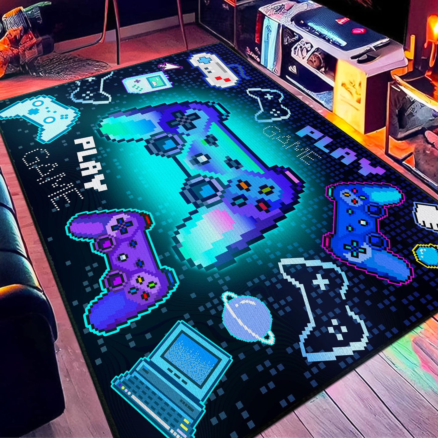 Didswuit Gaming Play Rug for Bedroom, 5'x 6'6" Whimsical Game Controller Mat Pixel Gamepad Carpet for Playroom, Gamer Décor for Game Lover Washable