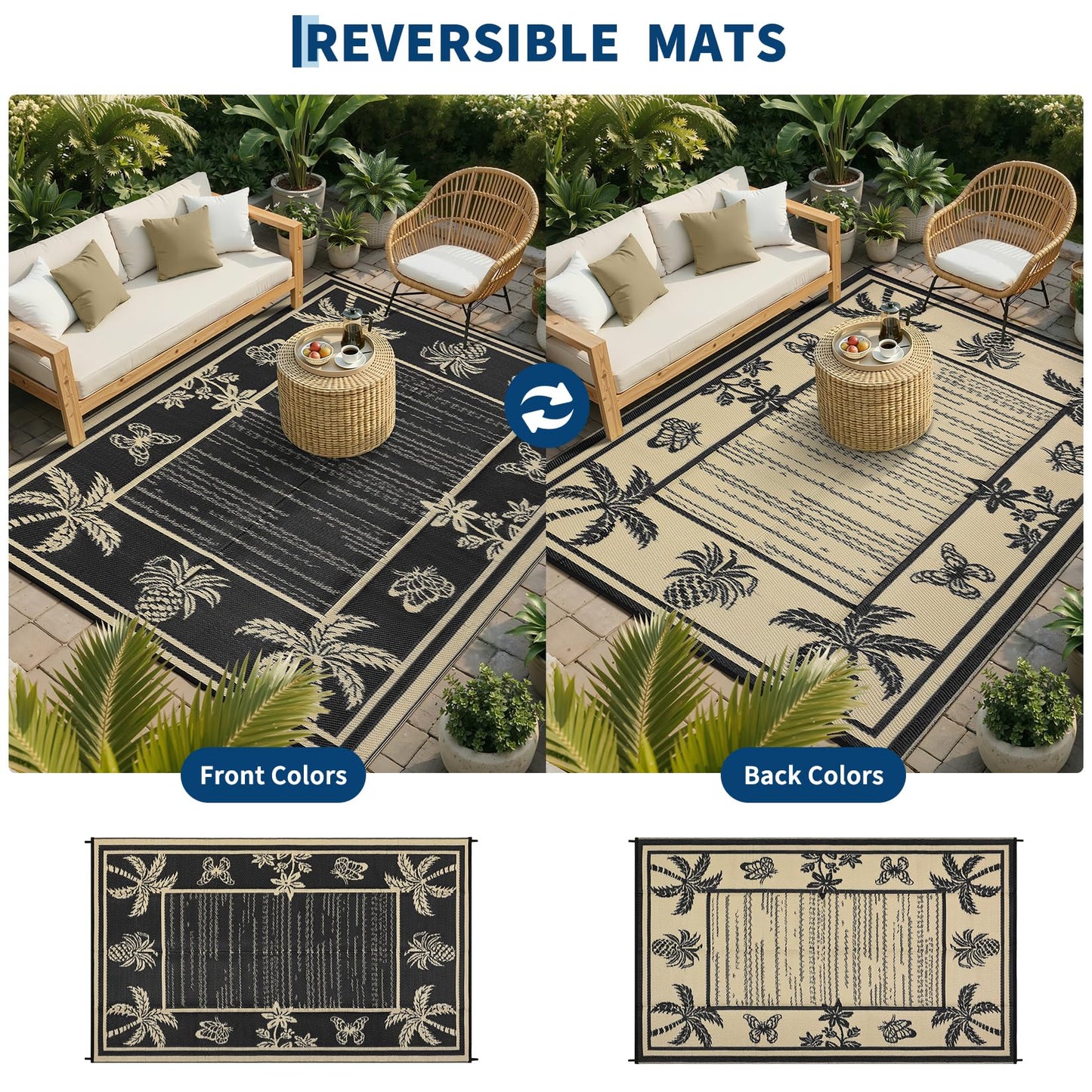 Garvee Outdoor Rug 5x8 Waterproof for Patios, Reversible Plastic Straw Rug, Tropical Leaf Indoor Outdoor Rugs, Large Area Rug for RV, Camping, Deck, Picnic Mat, Outside Carpet, Black & Brown