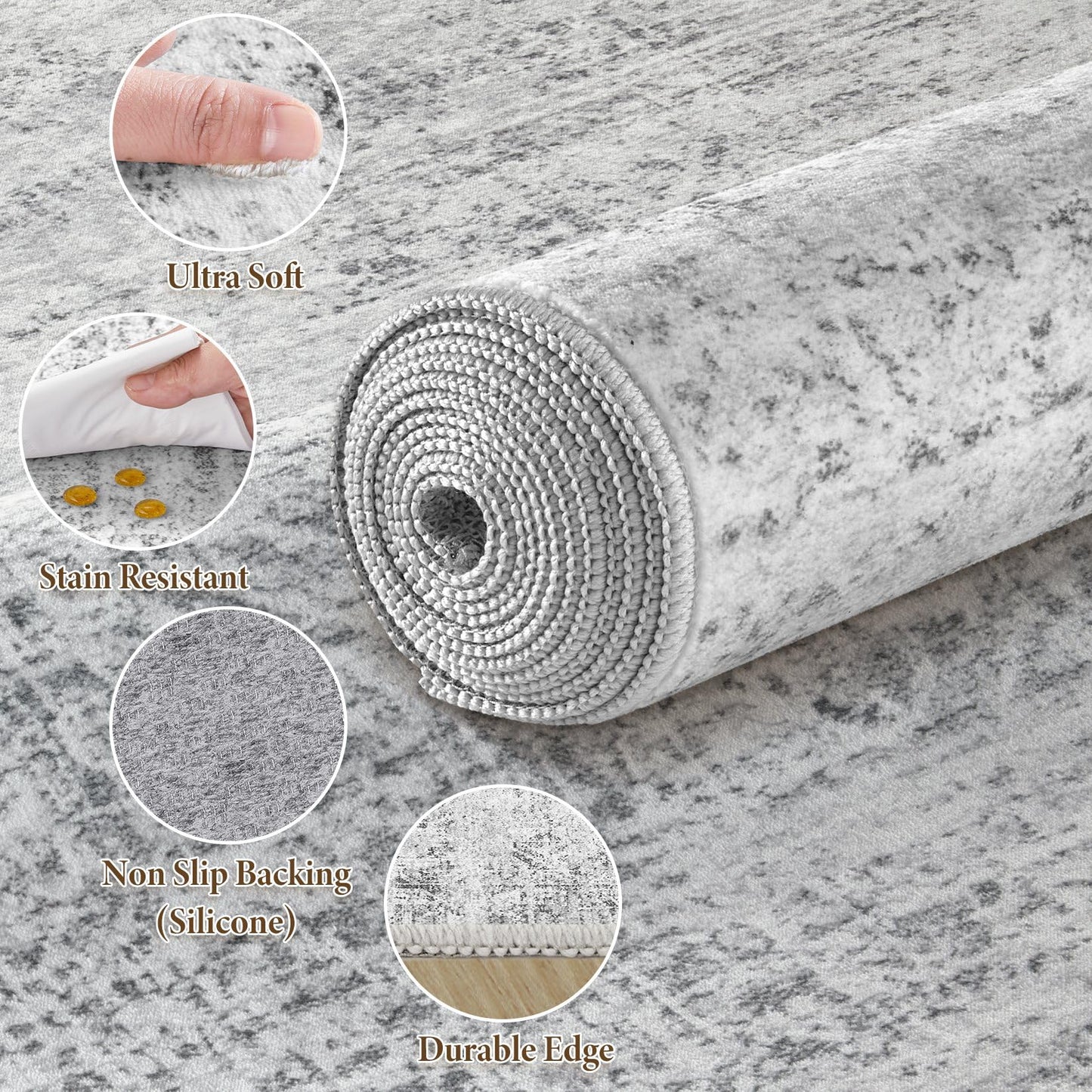 ELLIUNE 3x5 Area Rugs Living Room: Washable Non Slip Soft Abstract Gray Rugs for Bedroom Dining Deor, Low Pile Stain Resistant Indoor Carpet for Farmhouse Nursery Office Kid & Pet Friendly