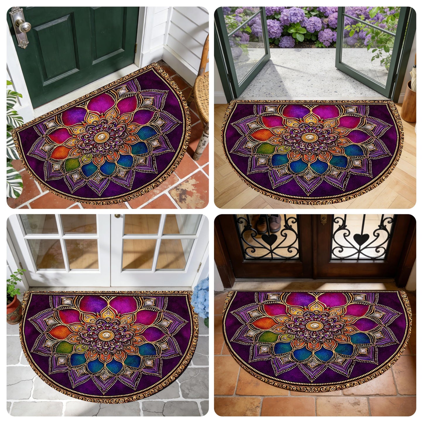 Half Circle Door Mat 24"x36" Non-Slip Washable Welcome Mat, Pinkish-Purple Datura Low Profile Front Door Mat Semicircular Entrance Doormat, Dirt Trapper Floor Mat for Indoor Outdoor Entryway Patio