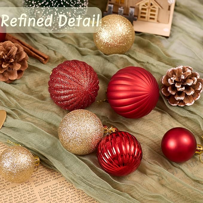 Christmas Tree Decorations Ornament Set, 50ct Red and Gold Shatterproof Christmas Ball Ornaments Hanging Xmas Holiday Party Decor(1.57"-2.36")