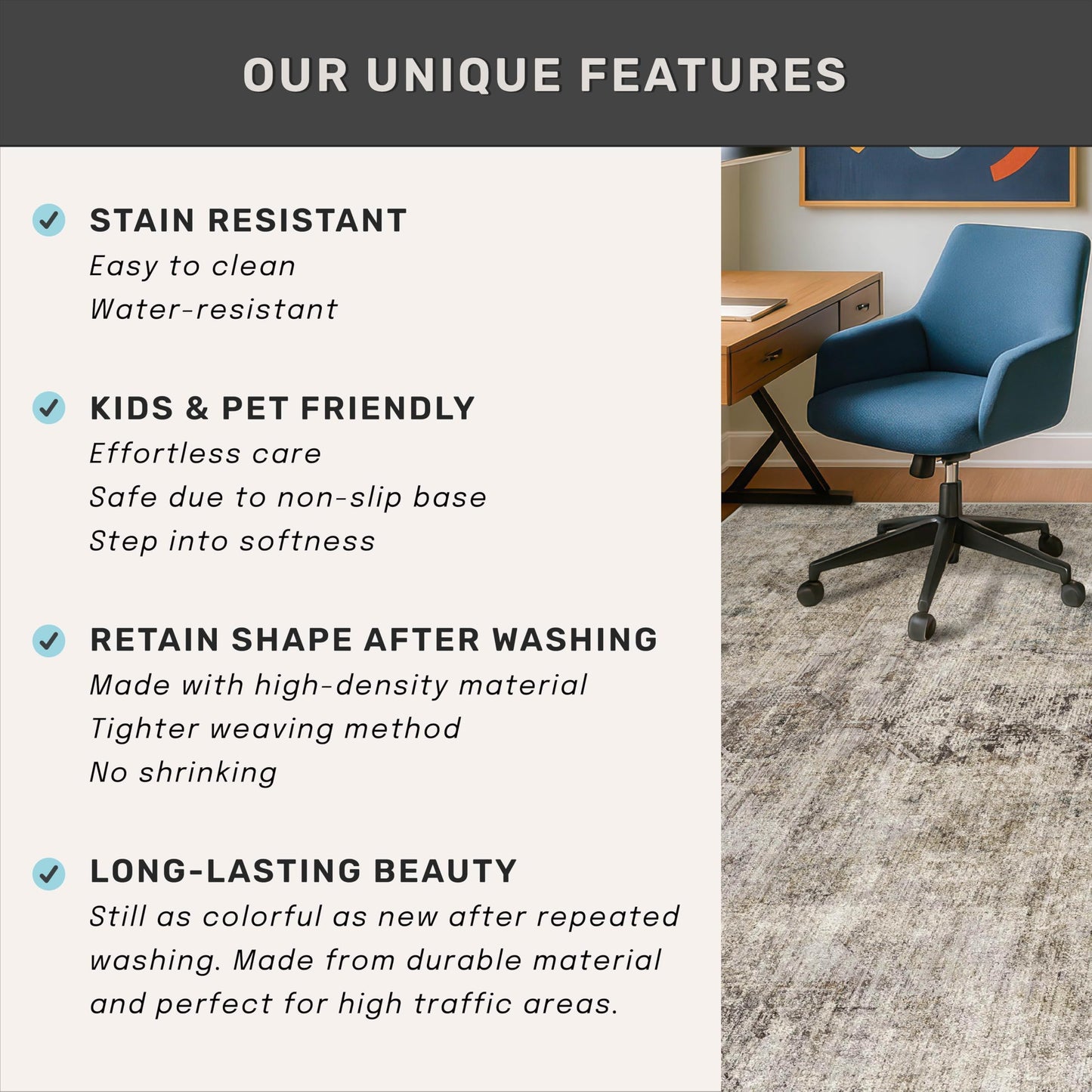 Farmhouse 8x10 Washable Area Rugs for Living Room, Neutral Taupe Brown Abstract Rug for Dining Room and Bedroom, Soft Foldable Low Pile Carpet, Stain Resistant Non-Slip Backing