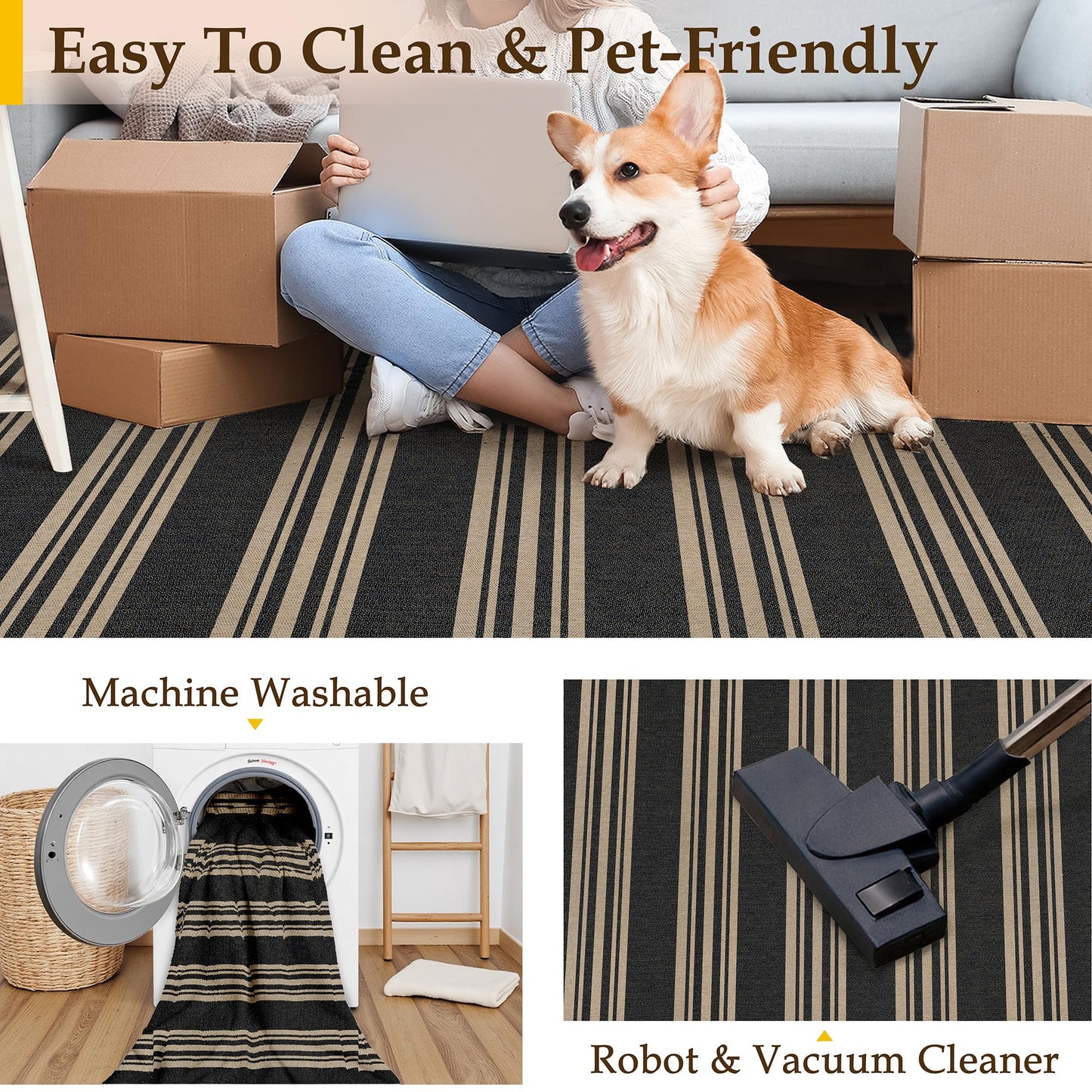 PureCozy Striped Easy Jute Rug 2x3 Black Entryway Carpet Washable Non Slip Door Mat Farmhouse Neutral Non Shedding Entry Small Indoor Outdoor Rug for Kitchen Bedroom Mudroom Bathroom