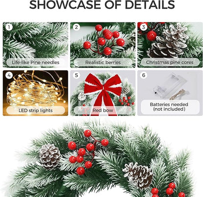Pinkpum Lighted Christmas Wreath for Front Door Decor 16.5" Green Winter Wreath with LED String Lights for Home Wall Window Porch Farmhouse Indoor Outdoor Decorations Berries Pine Cones Bow 1 Pack
