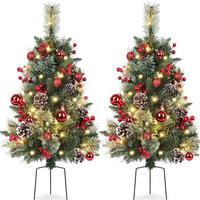 Set of 2 Outdoor Pathway Christmas Trees with Lights, 30in Prelit Battery Operated Artificial Xmas Tree Holiday Décor for Porch, Urn & Planter Filler, Red Berries, Pine Cones, Ball Ornaments