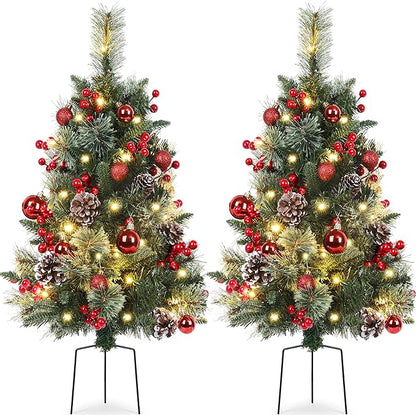 Set of 2 Outdoor Pathway Christmas Trees with Lights, 30in Prelit Battery Operated Artificial Xmas Tree Holiday Décor for Porch, Urn & Planter Filler, Red Berries, Pine Cones, Ball Ornaments