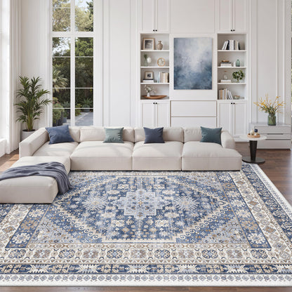 zesthome 9x12 Area Rugs,Stain Resistant Washable Rug,Ultra-Thin Rugs for Living Room,Bedroom,Non-Slip Backing Home Decor Large Area Rug (Blue/Beige,9'x12')