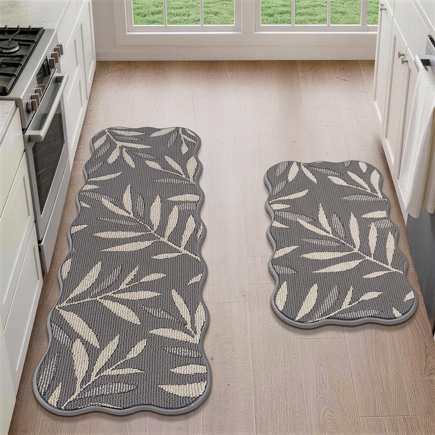 JSEI Scalloped Kitchen Rugs with 3D Leaf Pattern, 2 Pcs Kitchen Mats for Floor, Non-Slip Washable Kitchen Runner, Absorbent Rugs for Kitchen, Laundry & Sink, 17"x30"+17"x48", Grey