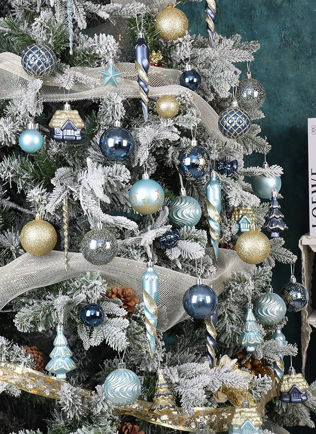 124Ct Blue and Gold Christmas Tree Ornaments Set, Shatterproof Assorted Christmas Decorations for Xmas Tree Snowflake Icicle House Ball Ornaments Baubles for Holiday Party Decor（Blue & Gold）