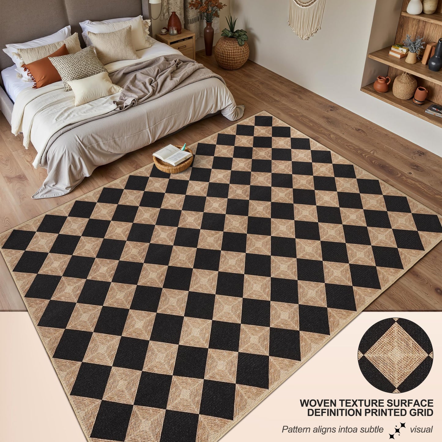 Dadasgk 5x7 Checkered Easy Jute Rug – Washable Non-Slip Indoor Outdoor Carpet, Black Textured Diamond Pattern, Neutral Area Rug for Living Room, Bedroom, Dining Room, Patio, Farmhouse Style