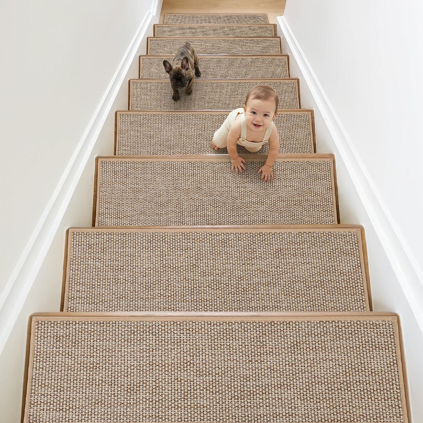 WICHEMI Stair Treads for Wooden Steps Indoor, 9"x30" Peel and Stick Stair Treads Non Slip 15 Pack Carpet Stair Treads with Reusable Adhesive for Dogs Kids Elder, Beige