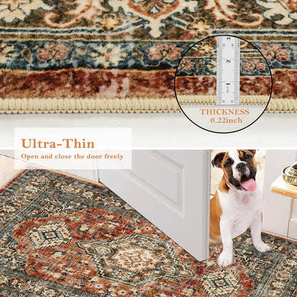 Lahome Oriental Washable Small Area Rug, 2x3 Rugs for Entryway Kitchen, Ultra-Thin Soft Indoor Door Mat Non Slip Throw Carpet for Bedroom Bathroom Eleanor, Brick Red