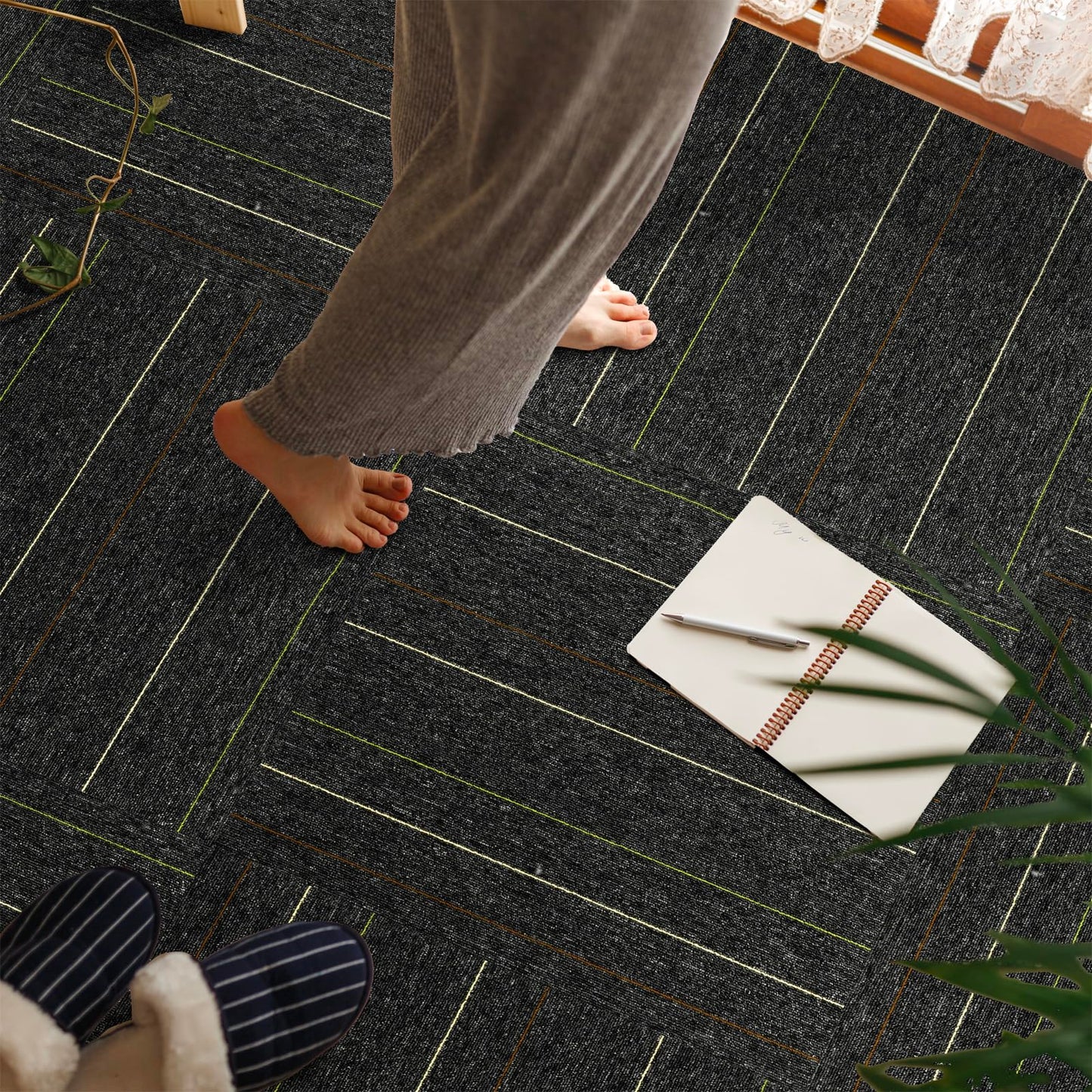 24 * 24in Self-Adhesive Carpet Tiles, Peel and Stick Floor Squares for Home Office, Removable Decorative Rug Mat, Easy Install, Sound Absorbing (10Pcs Dark Grey)