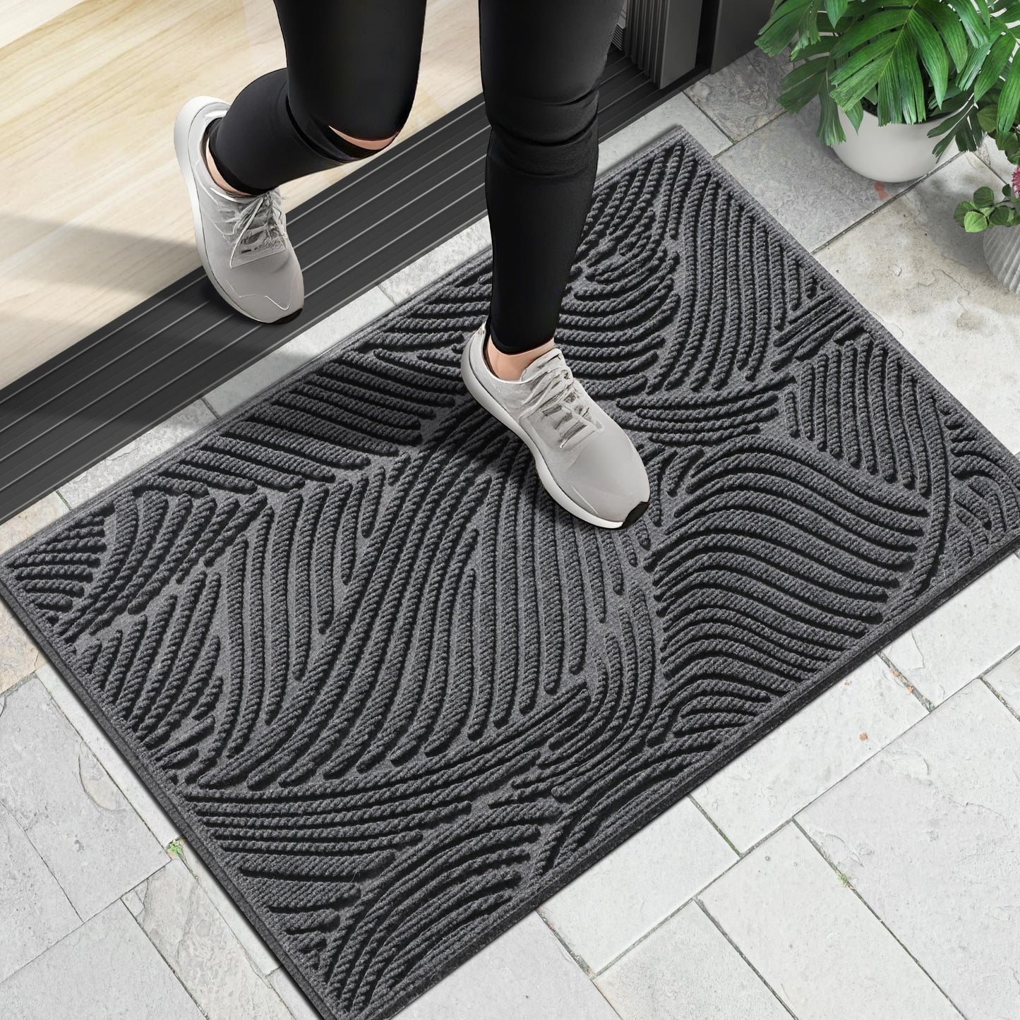 Yimobra Doormat Outdoor Entrance, Simple Stripes All-Weather Waterproof & Non-Slip Mat for Front Door, Heavy Duty Welcome Mat for Indoor, Garage, Patio-36x24, Dark Grey