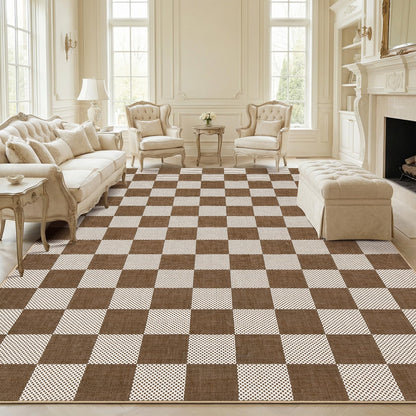 GarveeHome Checkered Terracotta Brown 8x10 Area Rugs for Living Room Geometric Diamond Dot Modern Neutral Boho Soft Low-Pile Large Rug for Bedroom Nursery Living Room Entryway Non-Slip TPE Backing
