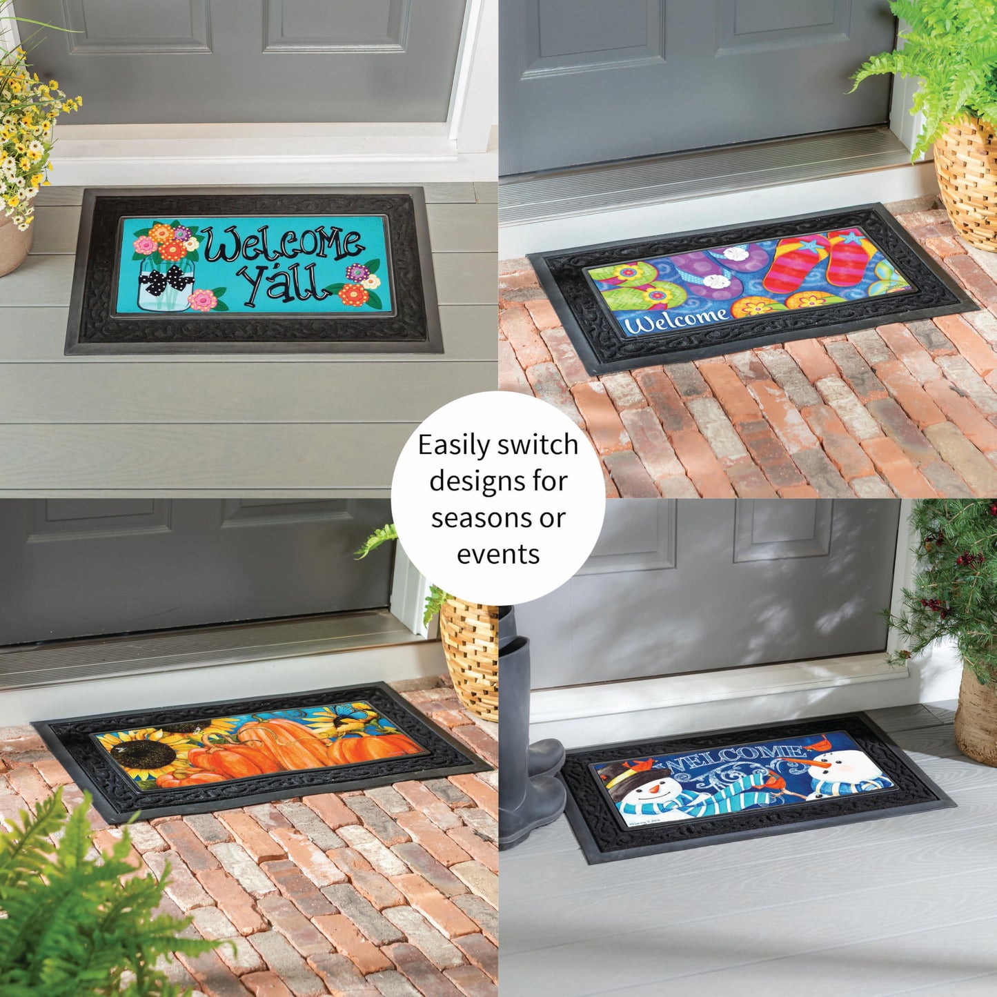 Evergreen Sassafras Doormat Insert Bundle & Tray Set of 5, Spring Summer Fall Winter Interchangeable Entrance Door mats Indoor and Outdoor Welcome Mat 30 x 18 Tray Non Slip Backing Low Profile
