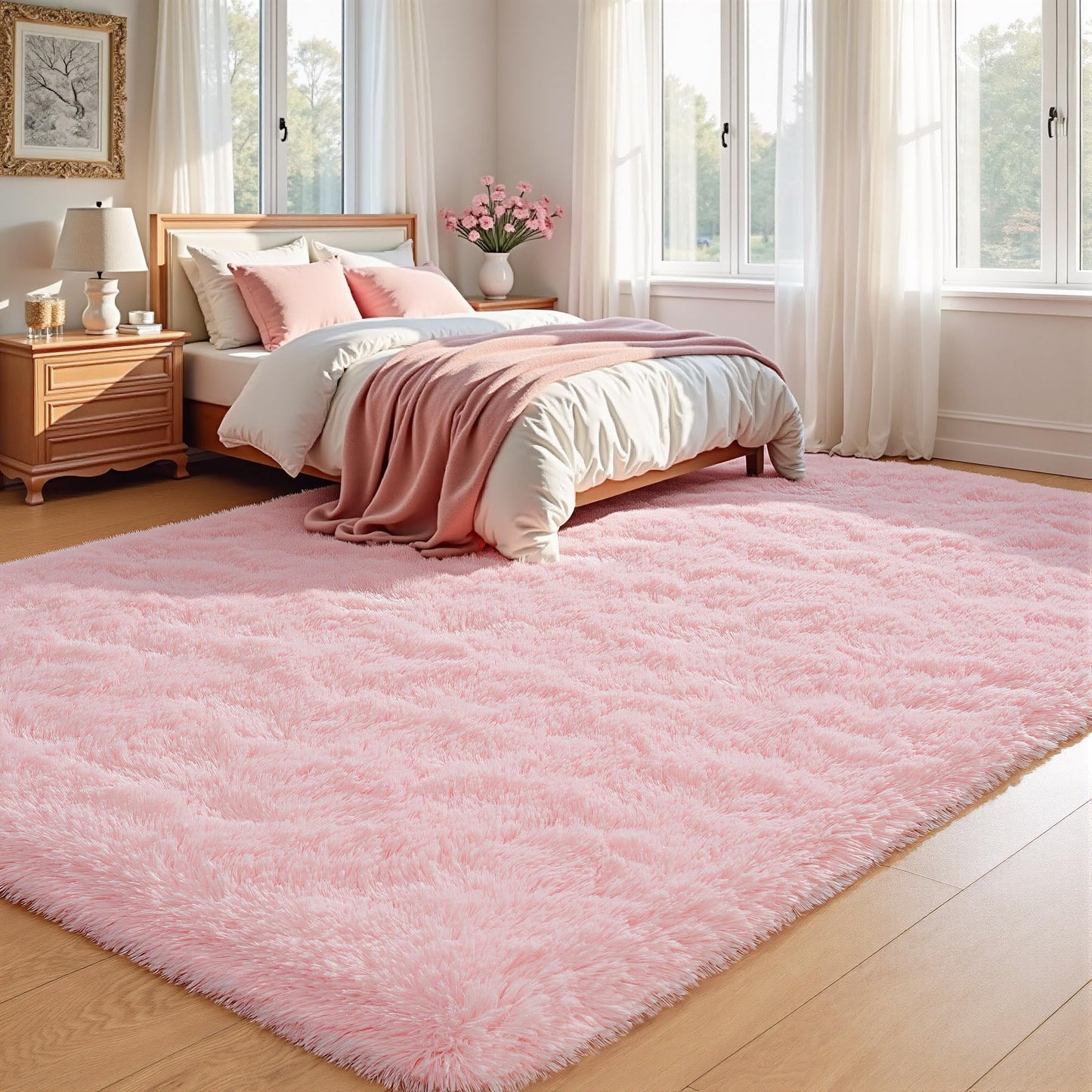 Keeko Fluffy Pink Area Rugs for Bedroom Girls Room, 4x5.3 Cute Shag Kids Room Rugs Nursery Living Room Indoor Fuzzy Bedside Rug Ultra Soft Furry Carpet for Bedroom Teen Baby Dorm Decor
