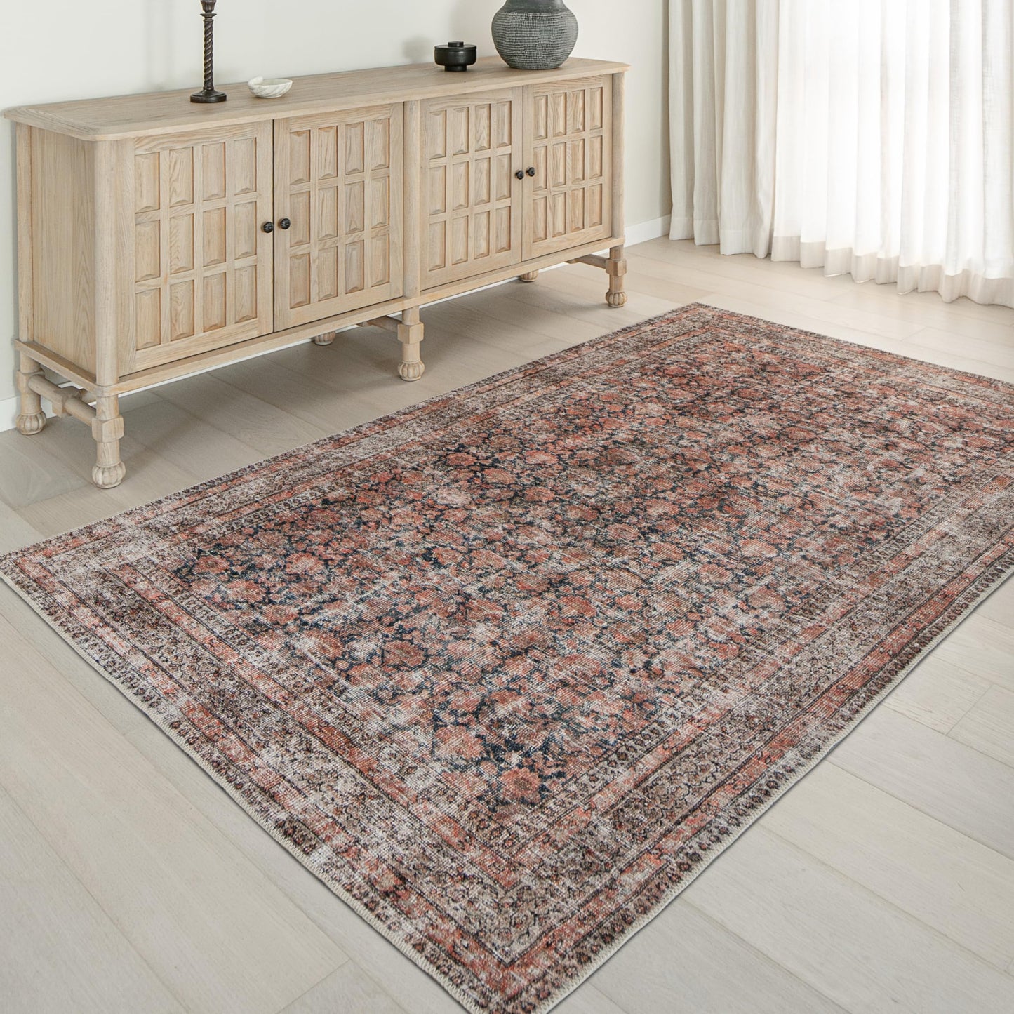 KNOTTING MATTERS Rustica 5’ x 8’ Area Rug – Clay Rose & Blue-Cast Graphite Heritage Flatweave, Low-Pile – Easy Clean Area Rug – Perfect for Living Room, Dining Room, Bedroom – Pet & Kid Friendly