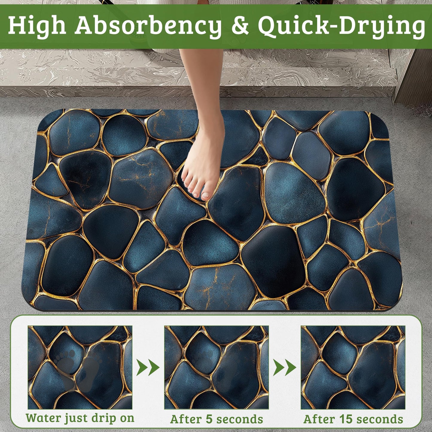 NSMNSM Blue Gold Pebbles Bath Mat Non-Slip Bathroom Rugs, Rubber Backing Absorbent Quick Dry Shower Bathroom Mats for Bathtub, Bedroom, Laundry, Christmas Decorations, 17"x 29.5"