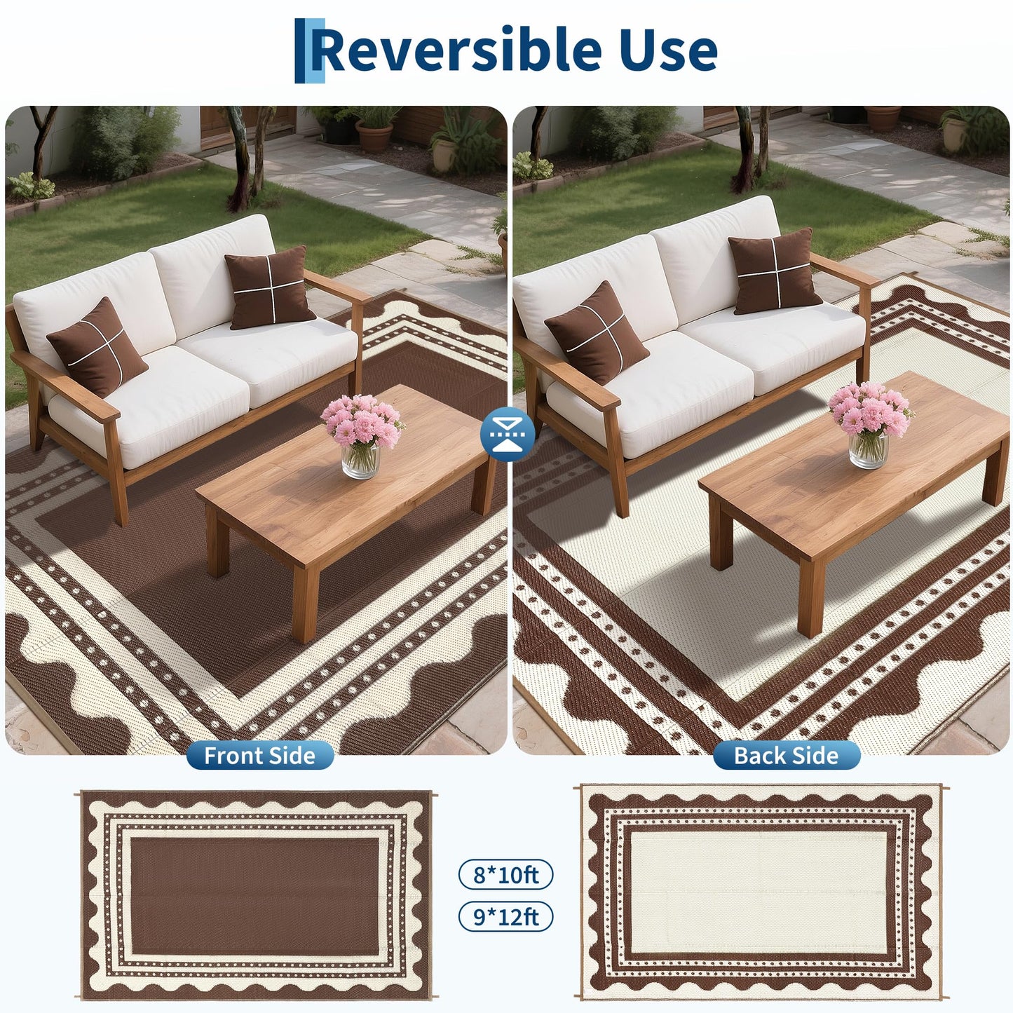 IDEALHOUSE Waterproof Outdoor Rug 9x12 for Patio, Reversible Modern Area Rug, Large Plastic Straw Mat for Camping, RV, Porch, Backyard, Deck, Picnic, Beach, Brown & Beige