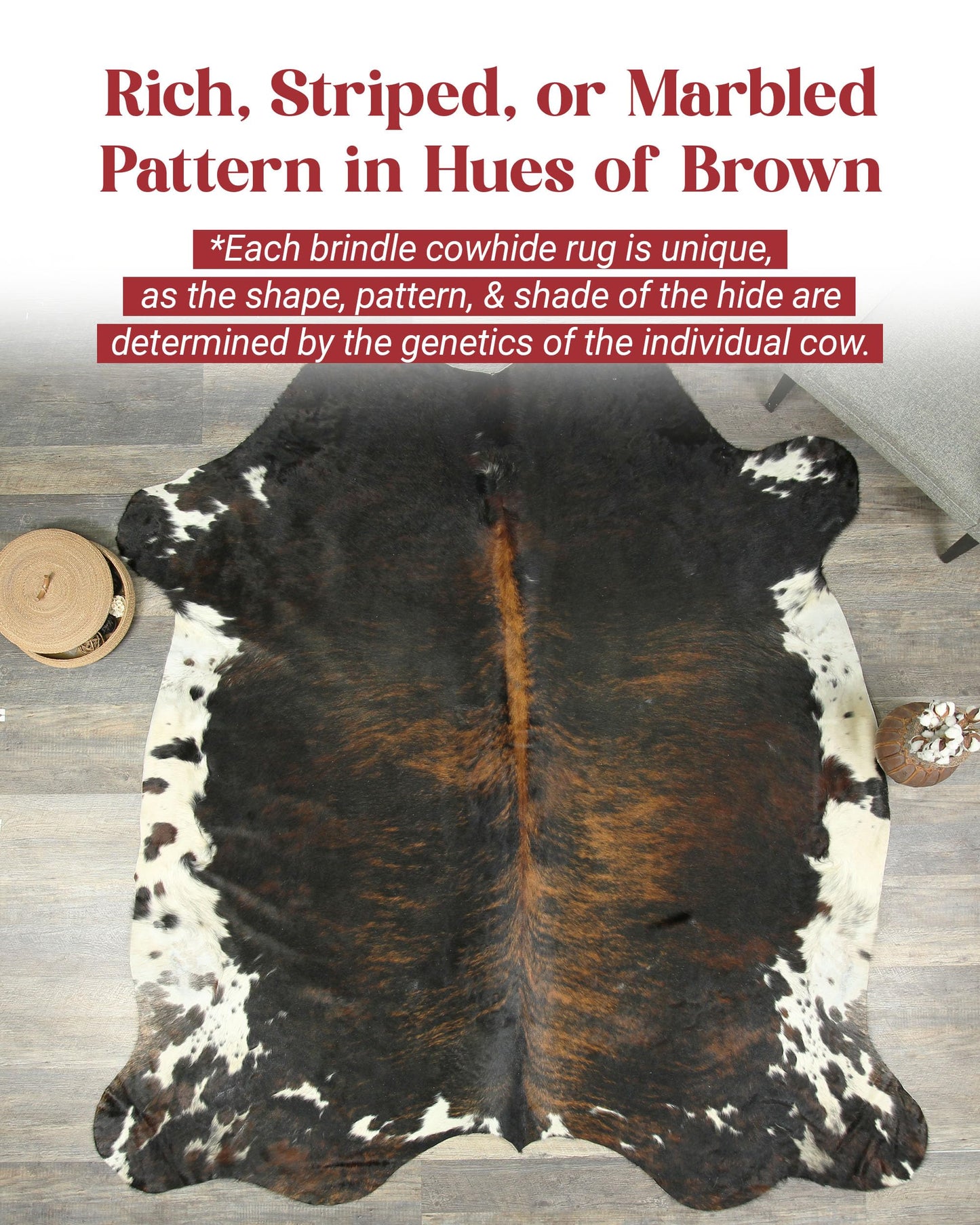 HIDES BAZAAR Real Cowhide Rug 6x7-8 ft - Natural Leather Hair-on-Hide Area Rug with Brown, Black & White Pattern (Dark Brown Brindle) - Soft Western Cow Skin Rug for Living Room & Rustic Homes
