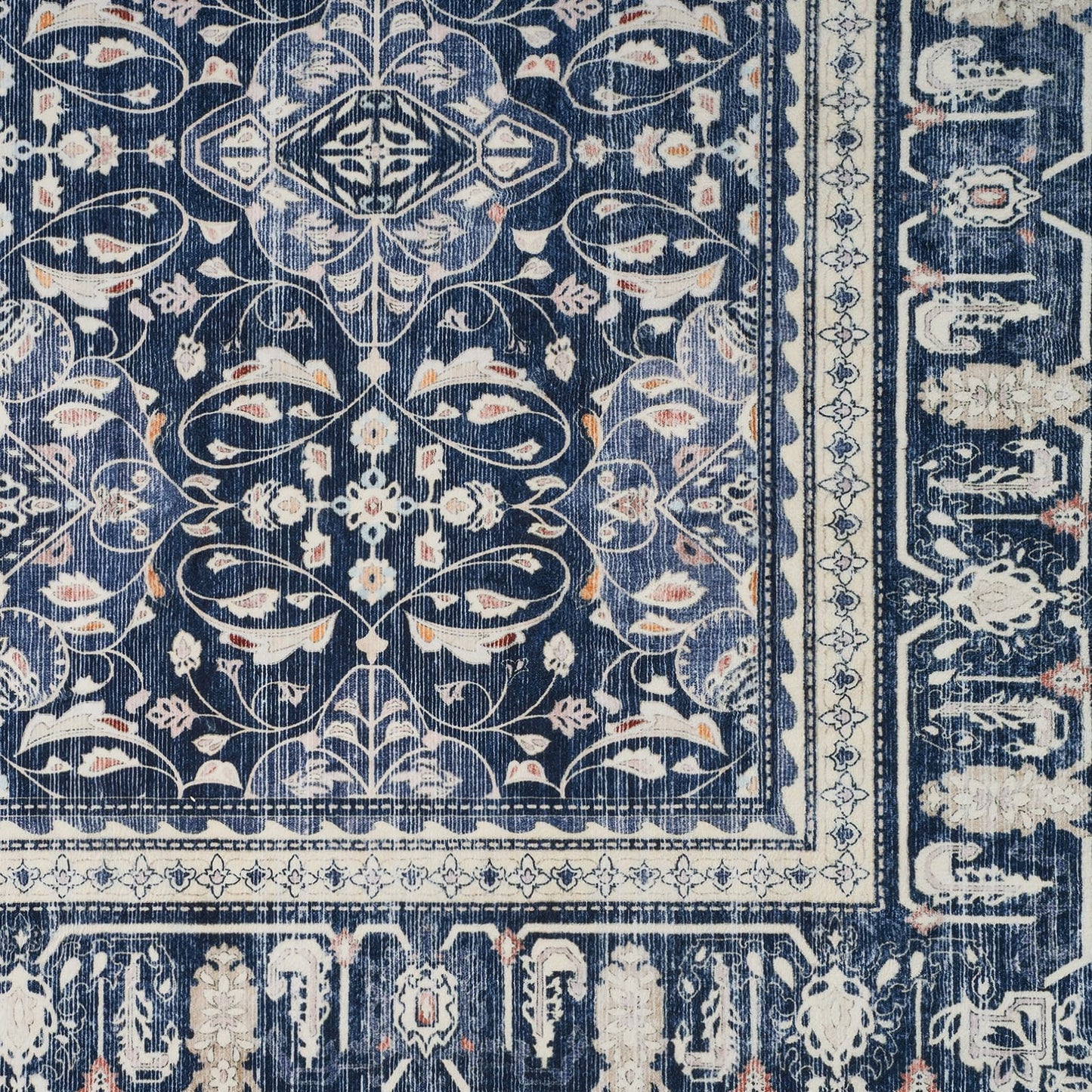 Jainmy Dark Blue Round Rugs 6ft for Living Room, Washable Non Slip Low Pile 6 Feet Circle Rug for Dining Room Kitchen, Boho Moroccan Floral Trellis 6x6 Round Carpet for Bedroom Home Office