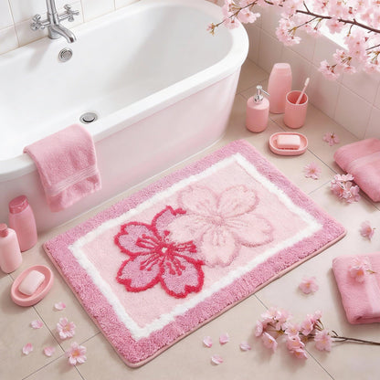 Boao Cherry Bath Mat Blossom Pink Flower Tufted Bathroom Rug Non Slip Soft Absorbent Tufted Cute Cherry Bathroom Accessories Decor for Bedroom Kitchen Floor Tub Shower Sink, 24 x 16 Inches