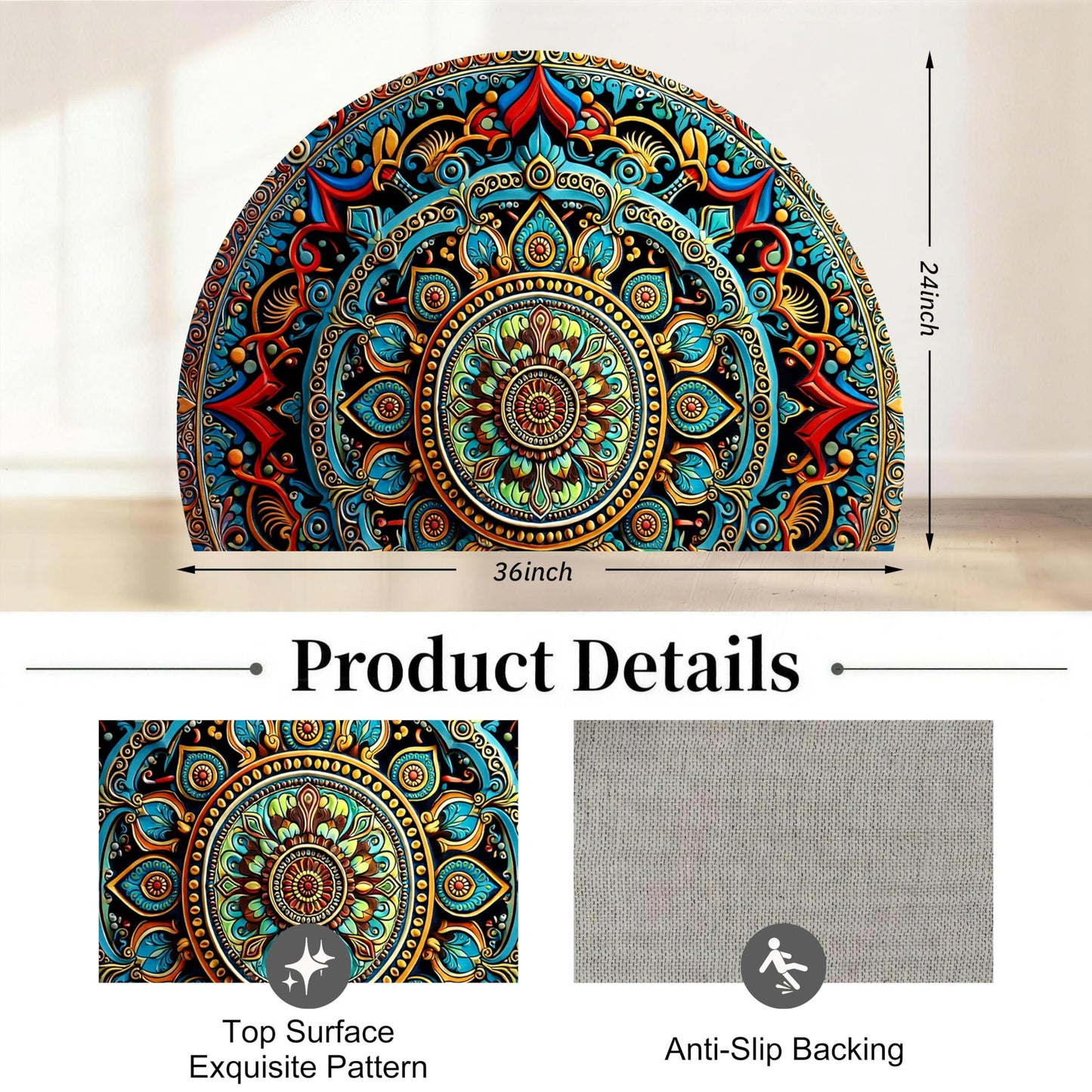 Half Circle Door Mat 24"x36" Non-Slip Washable Welcome Mat, Bohemian Mandala Style Low Profile Front Door Mat Semicircular Entrance Doormat, Dirt Trapper Floor Mat for Indoor Outdoor Entryway Patio