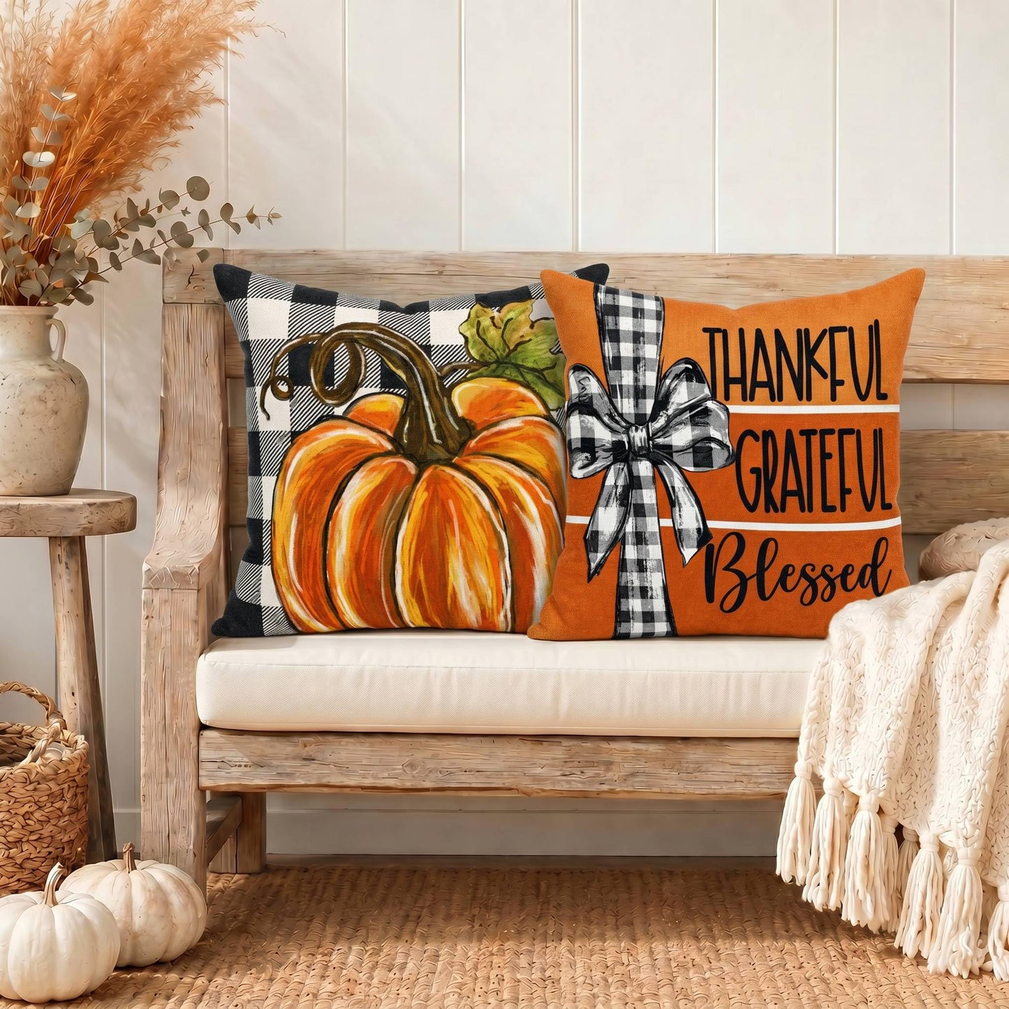 GEEORY Fall Buffalo Plaid Pumpkin Scarecrow Pillow Covers 18x18 Set 4