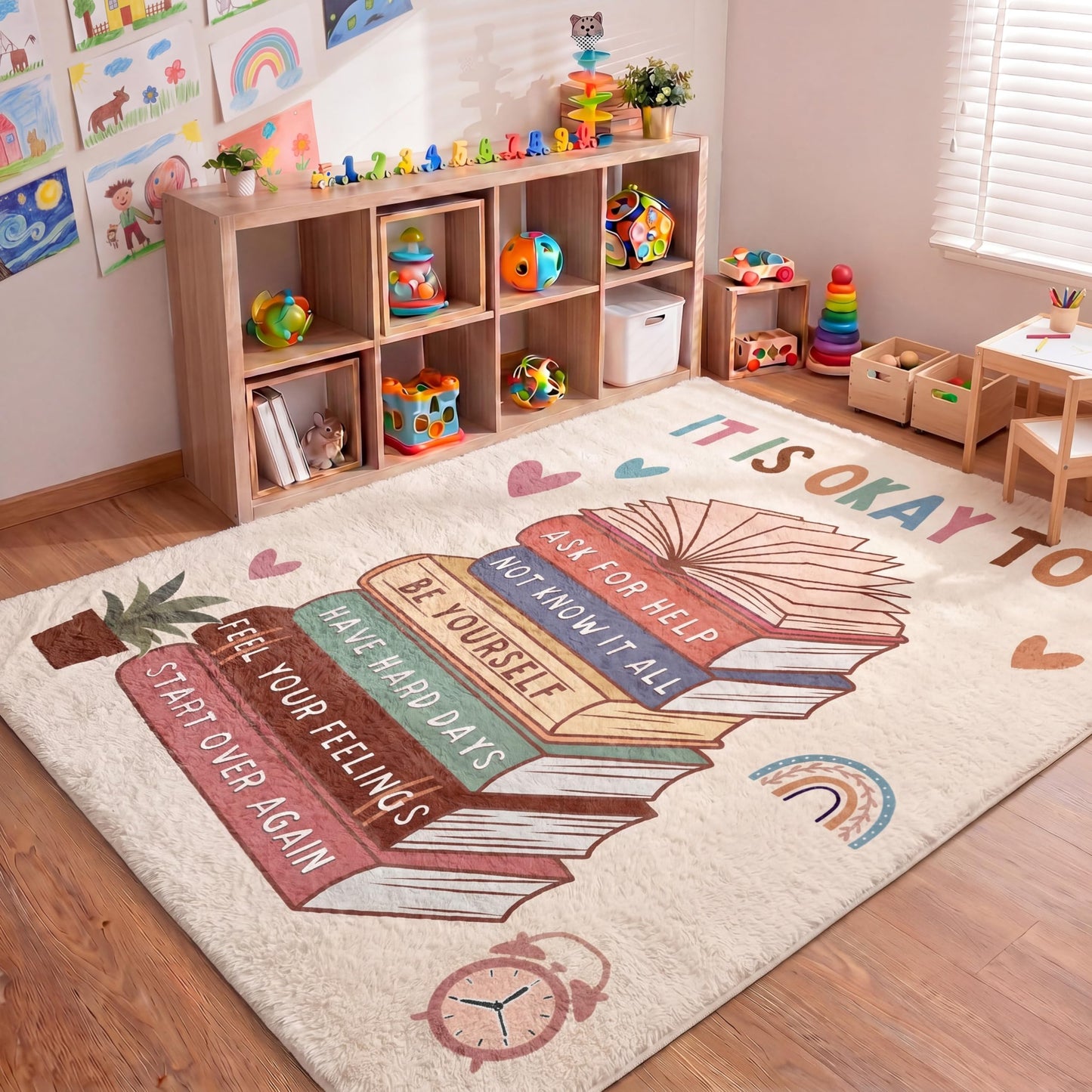 Capoda 3.3 x 4 ft Calming Corner Classroom Rug Inspirational Soft Fluffy Classroom Rug Carpet Mental Health Back to School Decor for School Bedroom Reading Corner(It is Okay to Feel)