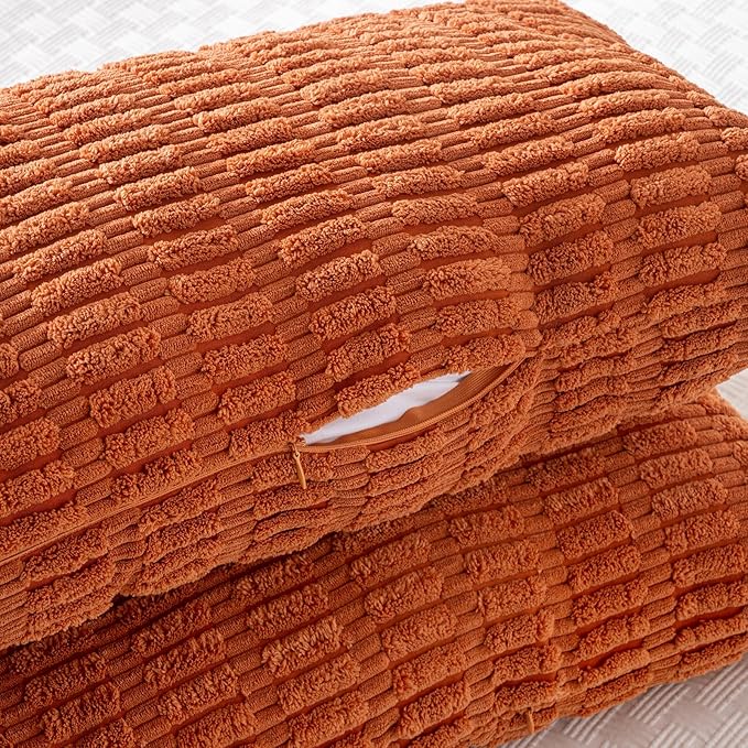 Fancy Homi Burnt Orange Long Body Lumbar Decorative Throw Pillow Cover 14x36 Inch for Bedroom Couch Bed Sofa, Farmhouse Boho Fall Room Decor, Soft Striped Corduroy Rectangle Pillow Case