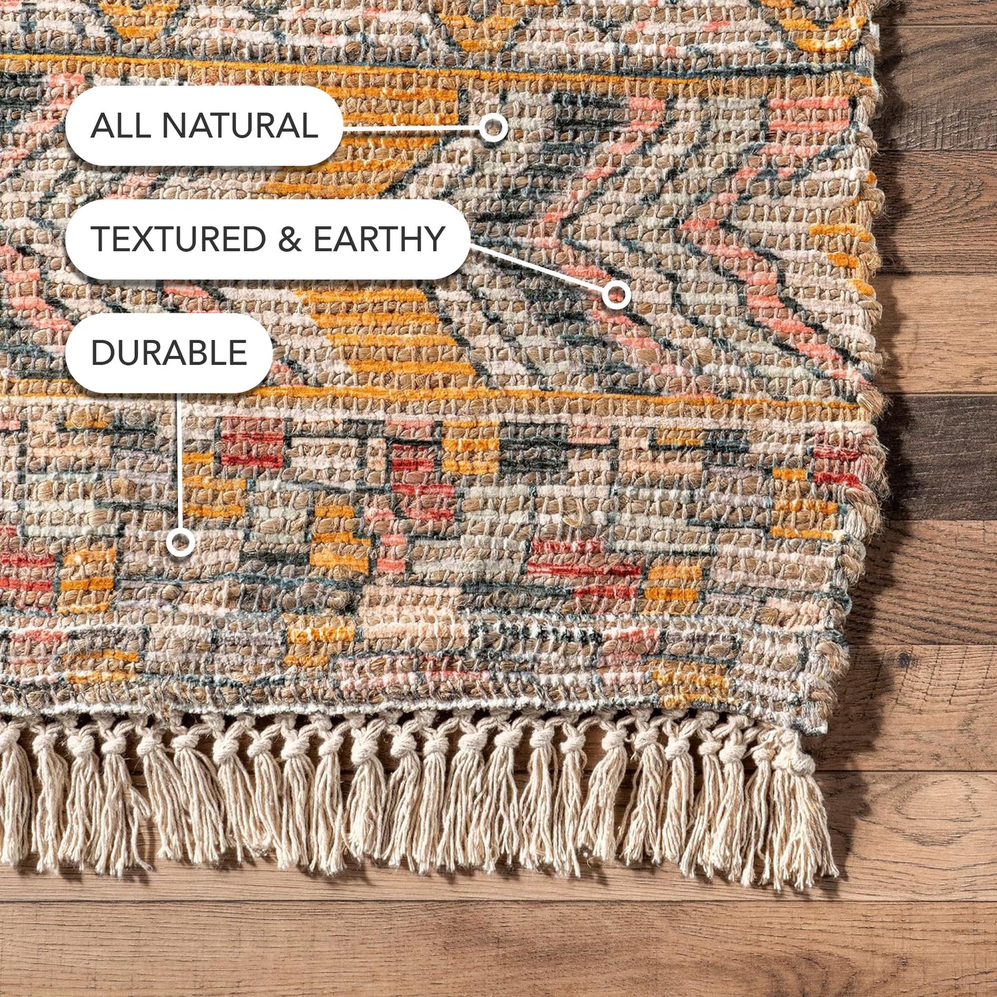 Nuloom Hermina Multicolor/Ivory, 3' x 5', Handmade, Jute, Tribal, Tasseled, Soft and Textured, High Traffic, Stain Resistant, Easy Clean, Durable Runner for Bedroom, Living Room, Dining, Foyer