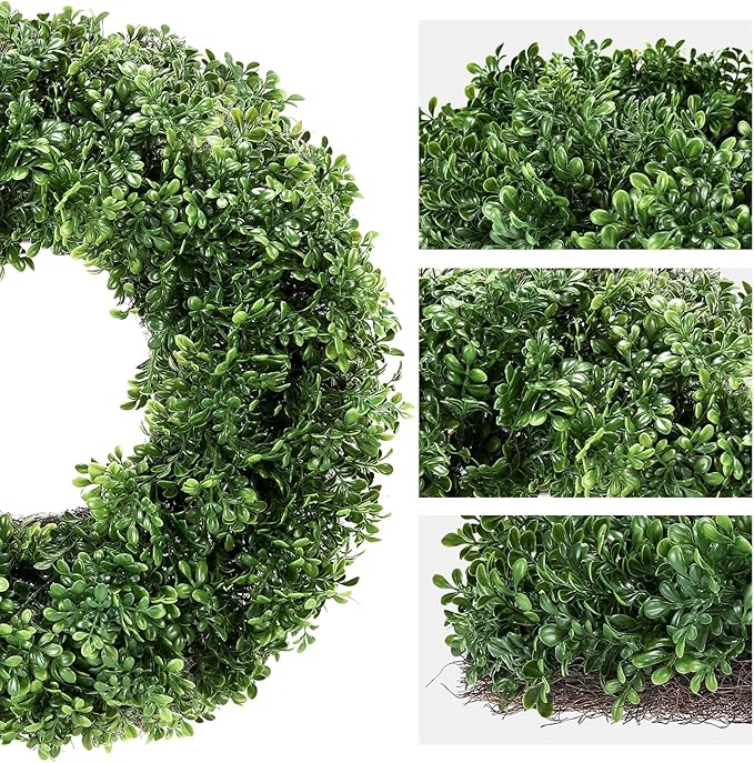 24" Wreath, Artificial Boxwood Wreaths for Front Door, Spring and Summer Wreath, Used for Spring Home Decor,Farmhouse or Room Indoors,Outdoors, corridors, Offices (Green)