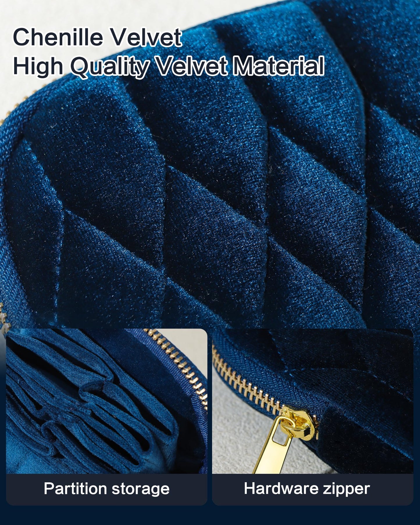 Vidifina Travel Jewelry Case,Mini Travel Jewelry Bag with Zipper,5-Layer Velvet Organizer Pouch for Bracelet Rings Earrings - Diamond Stitched Velvet Teal Blue