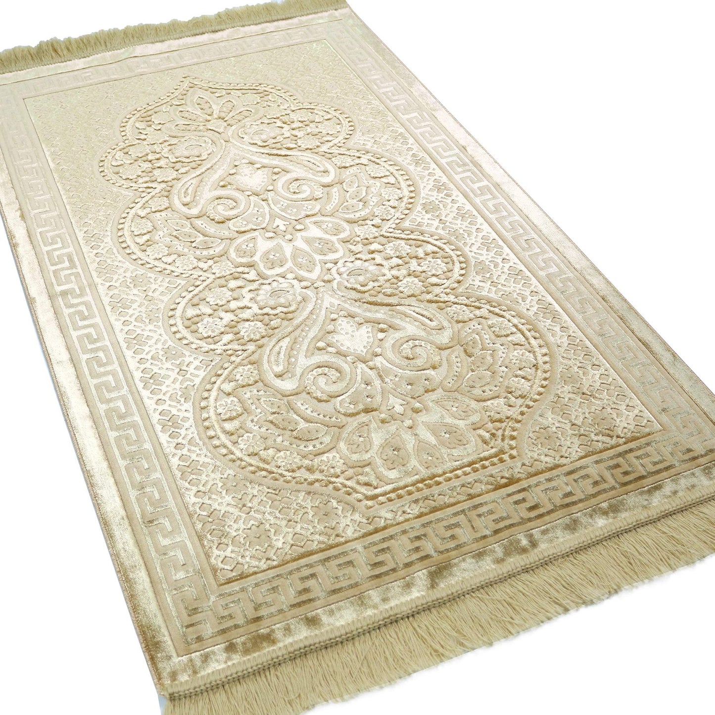 Modefa Luxury Velvet Prayer Rug with Prayer Beads | Soft Elegant Muslim Turkish Janamaz Sajada Carpet for Men and Women | Plain Solid Prayer Mat Ramadan Eid Gift - Paisley (Golden Yellow)