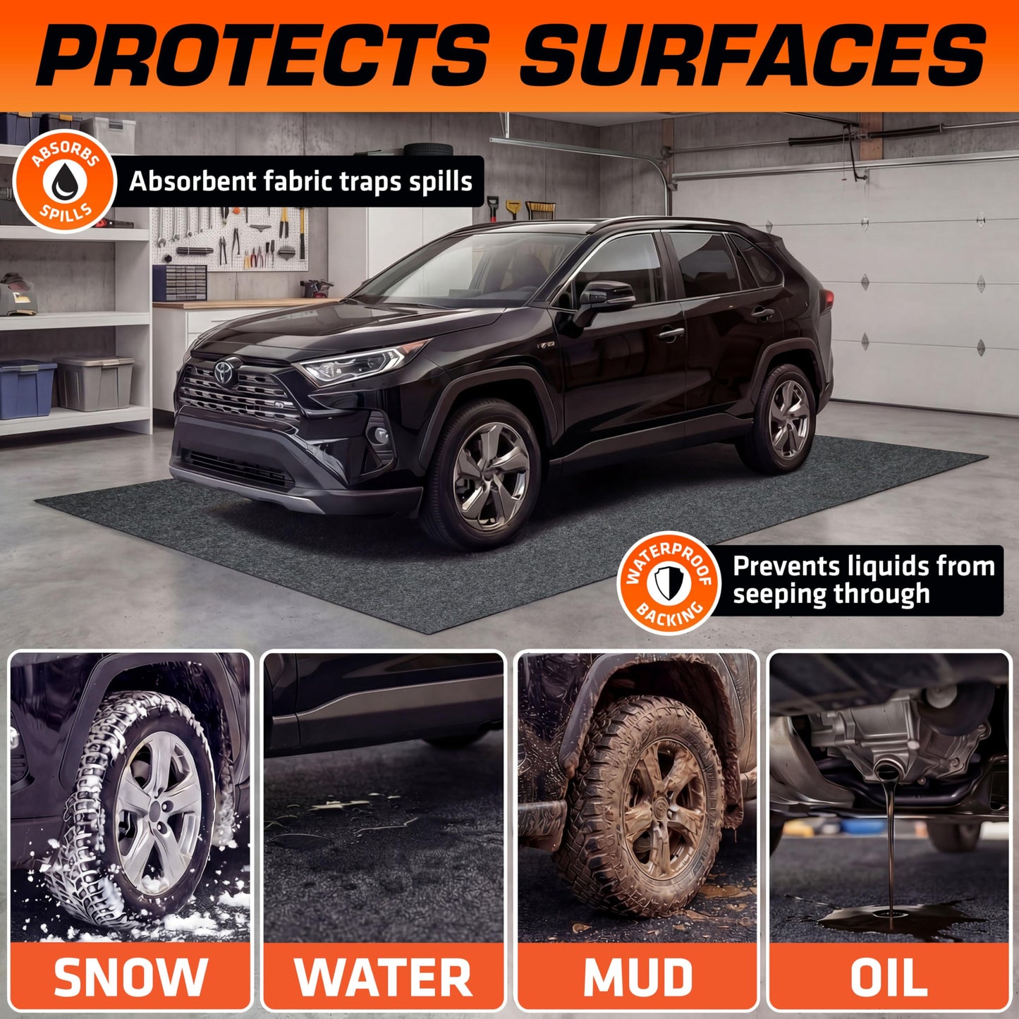 Armor All Jumbo XXL Garage Floor Mat (22' x 8'10"), Waterproof Garage Flooring, Absorbent, Premium Oil Spill Resistant Garage Pad, Durable, Protects Surfaces (Includes Double Sided Tape) (USA Made)
