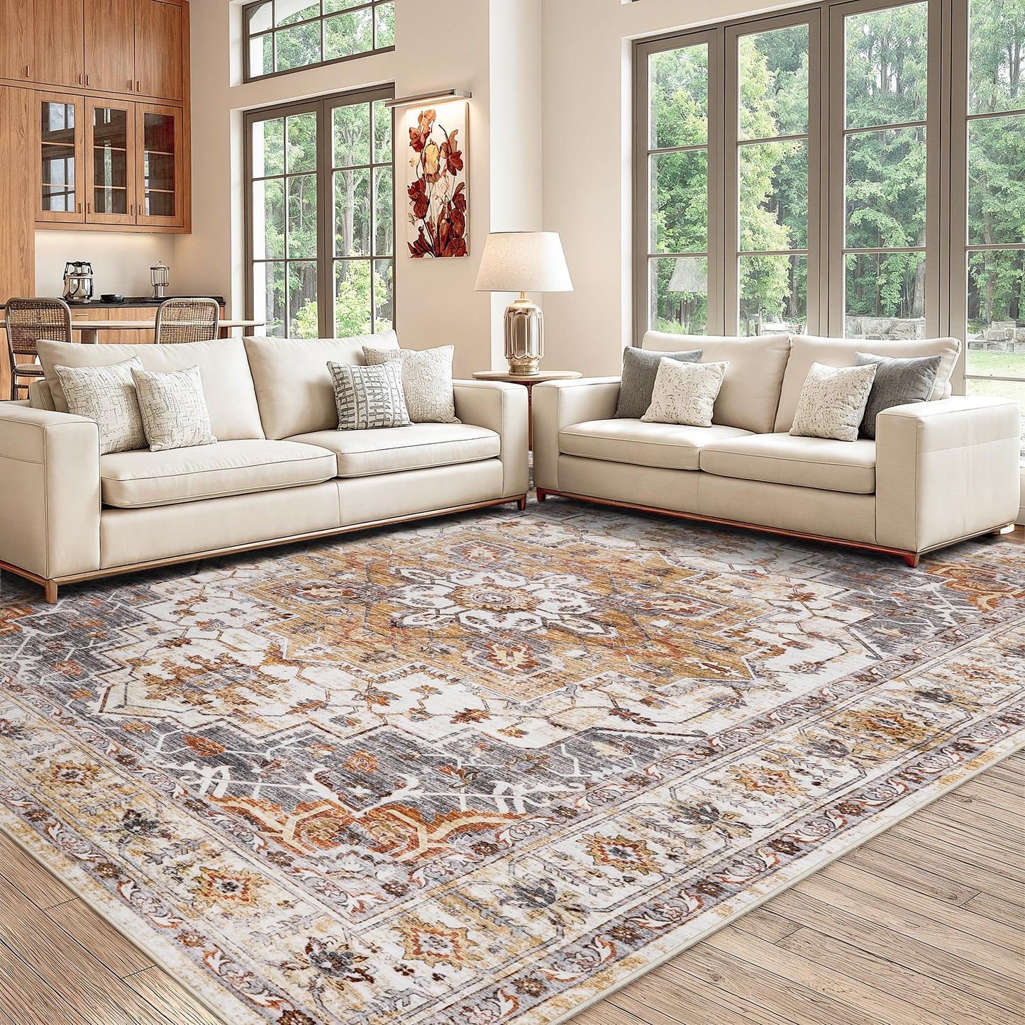 befbee Washable Area Rug 8x10, Large Soft Rugs for Living Room Stain Resistant Non-Slip Backing Rugs for Bedroom, Vintage Clearance Large Area Rug (Turmeric/Grey,8'x10')