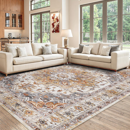 befbee Washable Area Rug 8x10, Large Soft Rugs for Living Room Stain Resistant Non-Slip Backing Rugs for Bedroom, Vintage Clearance Large Area Rug (Turmeric/Grey,8'x10')