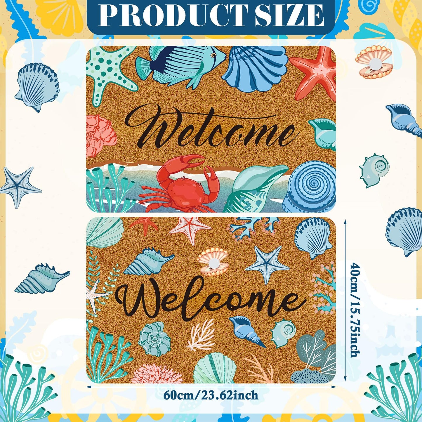 Moucuny 2 Pcs Coastal Beach Coir Door Mat Holiday Coastal Doormat 15.75 x 23.62 Inches Non Slip Entrance Coir Rugs for Farmhouse Home Kitchen Front Outdoor Indoor Summer Welcome Beach Rugs