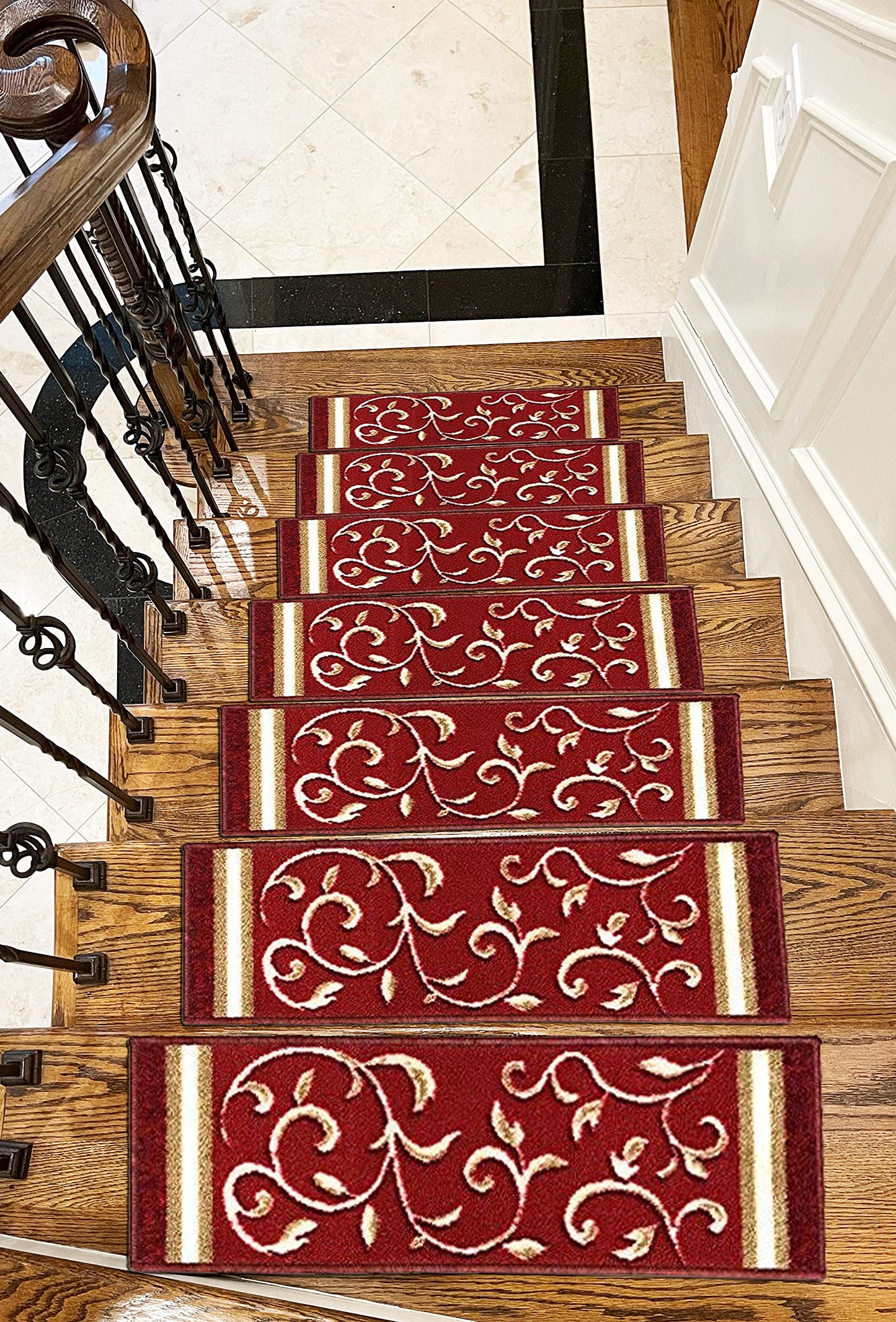 Gloria Stair Treads Carpet Non-Slip Stair Runners for Wooden Steps Non Slip Rubber Back Stair Rugs Stairway Carpet Set of 7 Red Floral (8.5” x 26”)