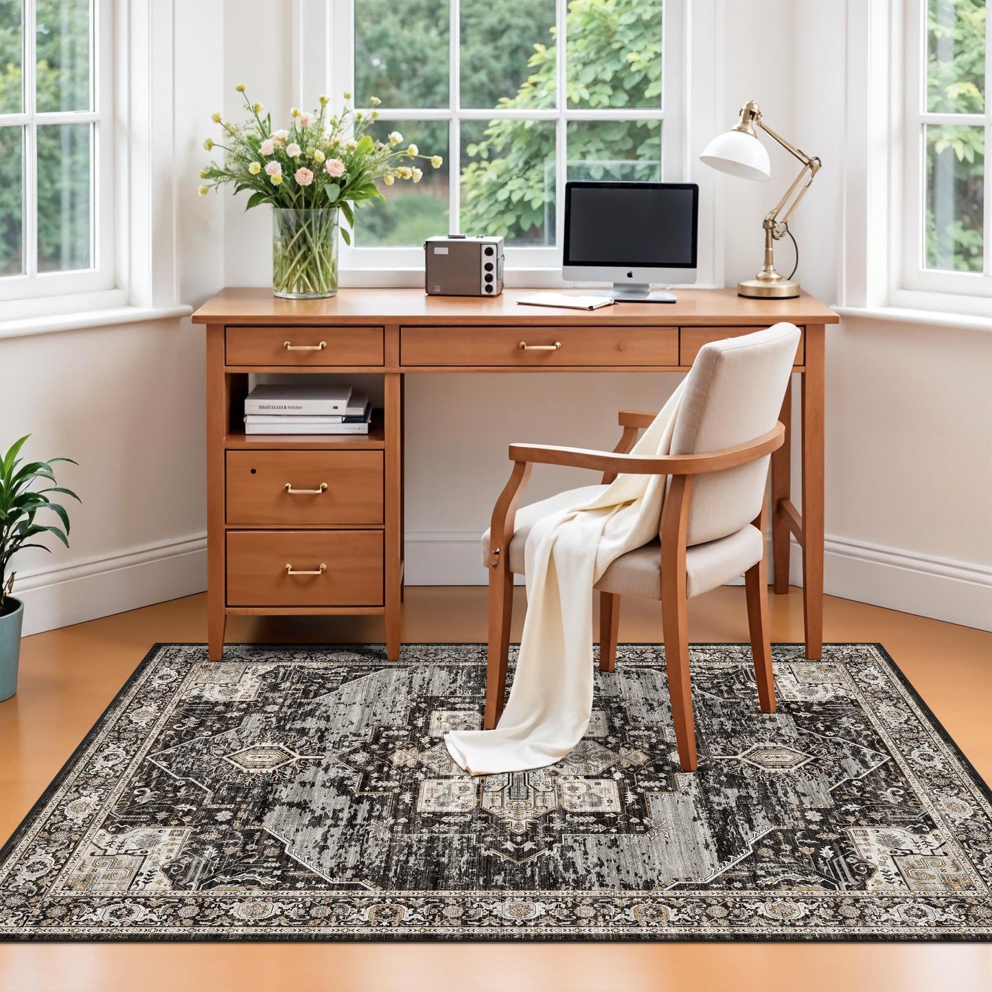 RUUGME Black Washable Entry Rug : 3x4 Rugs for Entryway Kitchen Bathroom Indoor - Soft Stain Resistant Carpets Distressed Floor Decor Mat 3x4 Black
